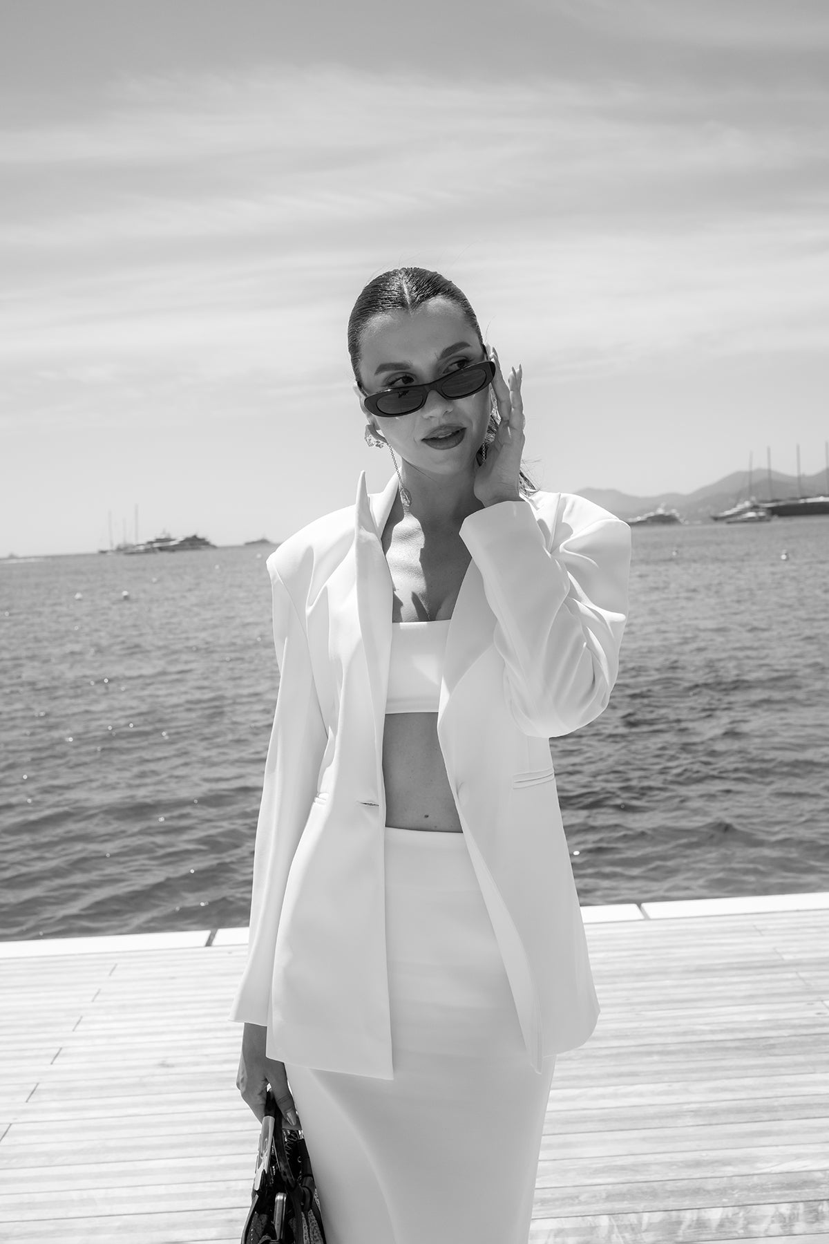 White Suit With Tailored Blazer And Midi Skirt