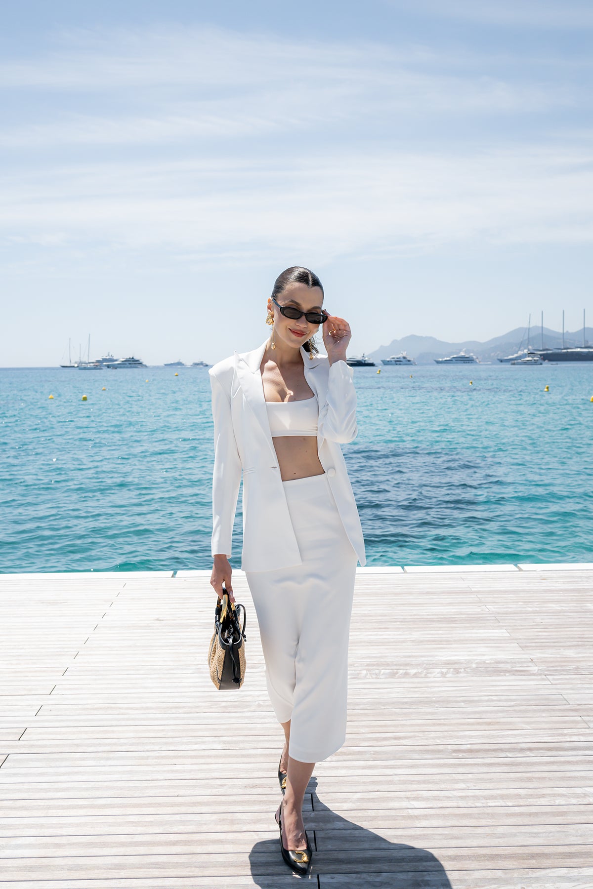 White Suit With Tailored Blazer And Midi Skirt