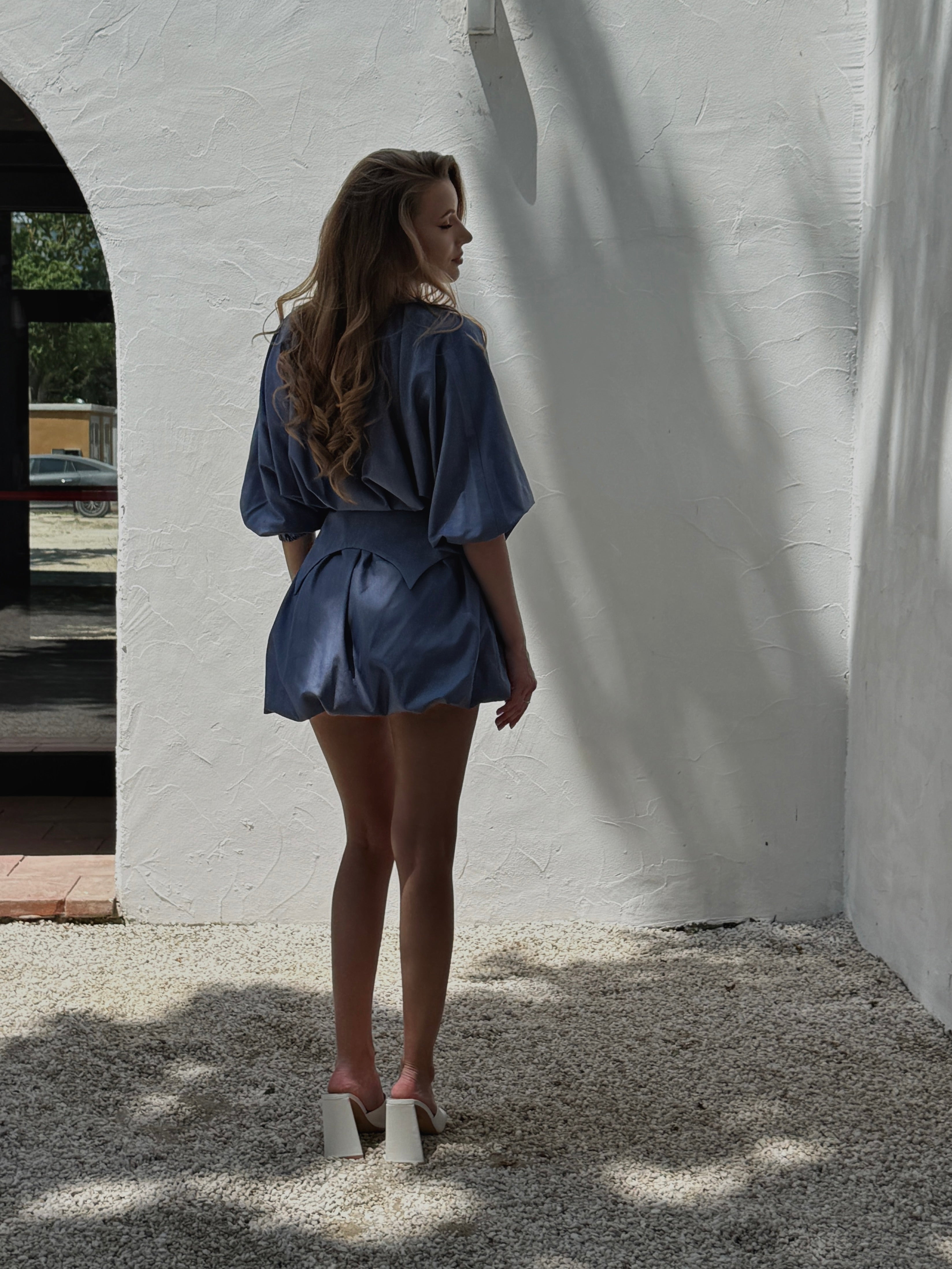 Denim Blue Asymmetrical Two-Piece Set with Bubble Skirt