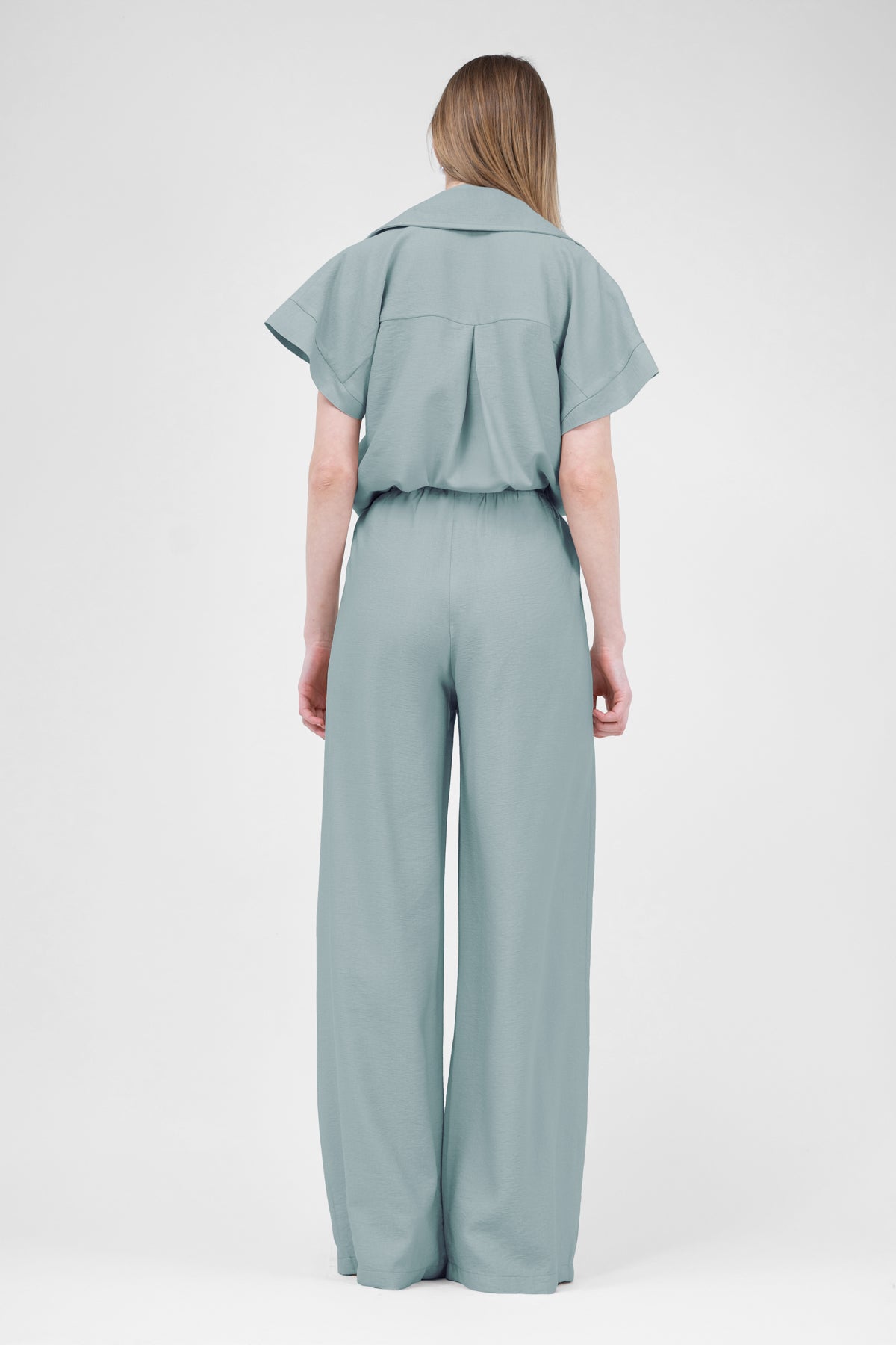 Mint Linen Matching Set With Shirt With Pockets And Wide Leg Trousers