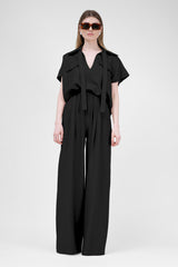 Black Matching Linen Set With Shirt  With Pockets And Wide Leg Trousers