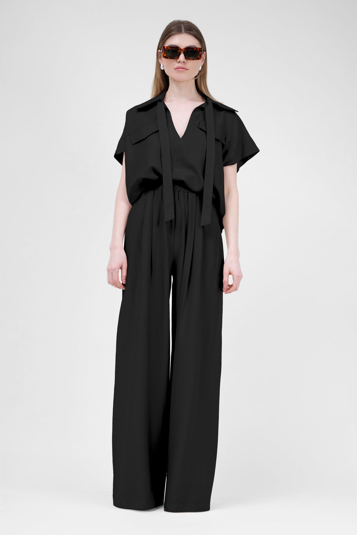 Black Linen Set With Shirt With Pockets And Wide Leg Trousers