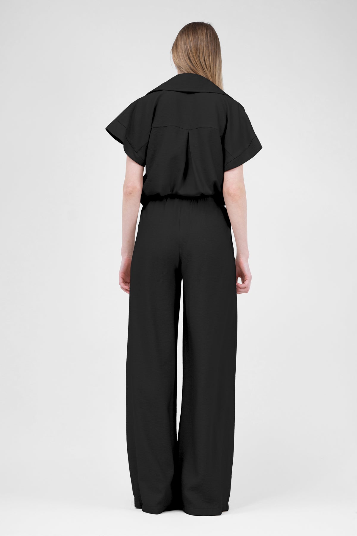 Black Matching Linen Set With Shirt With Pockets And Wide Leg Trousers