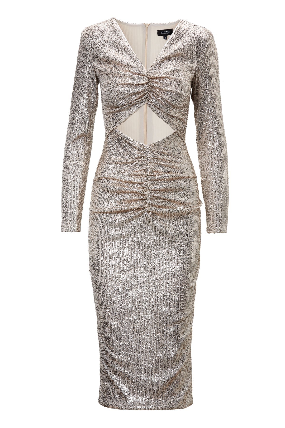 Gold Sequin Midi Dress With Cut-Out And Gathered Detailing