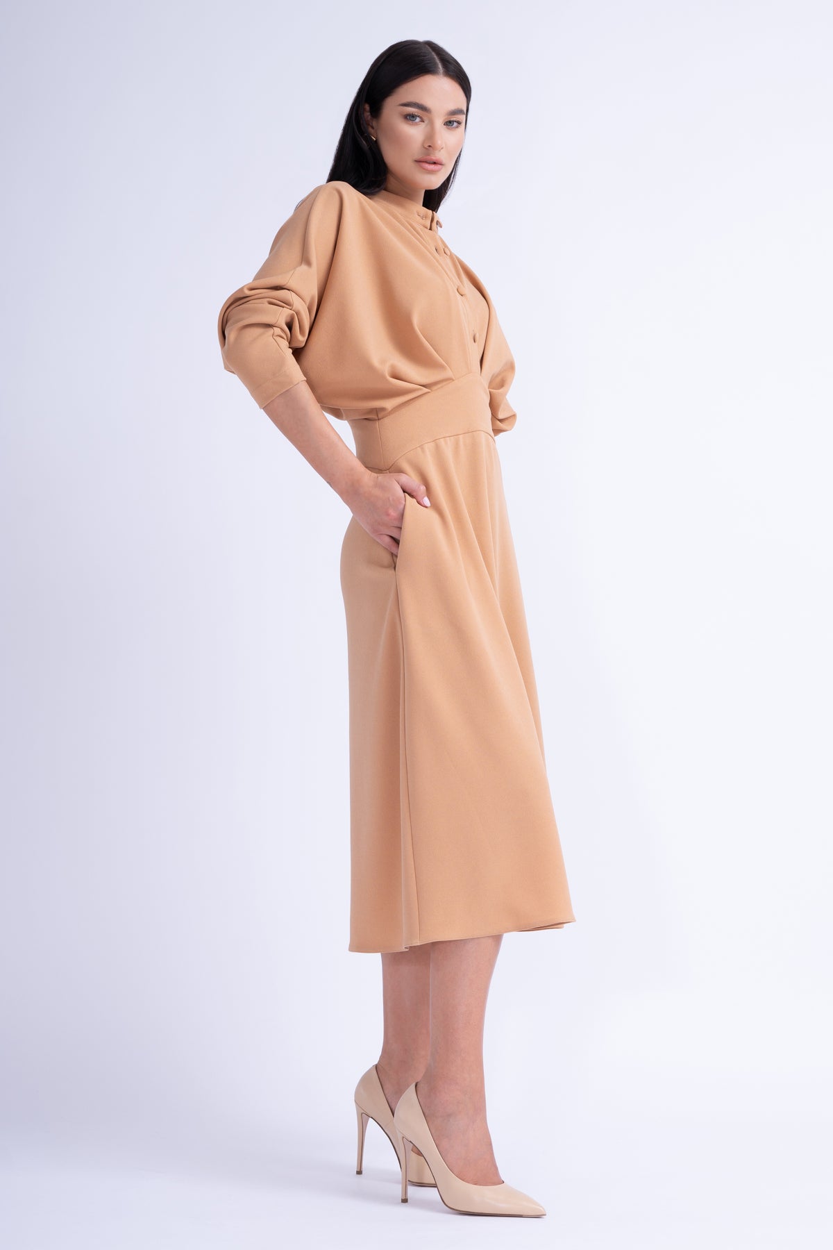 Camel Midi Dress With Draping and Buttons