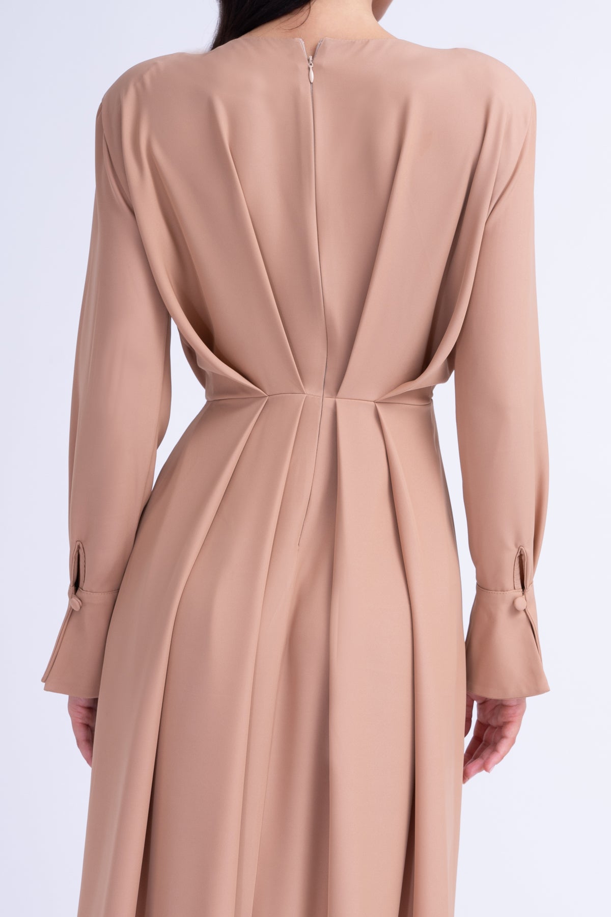 Midi Beige Dress With Ring Detail and Pleats