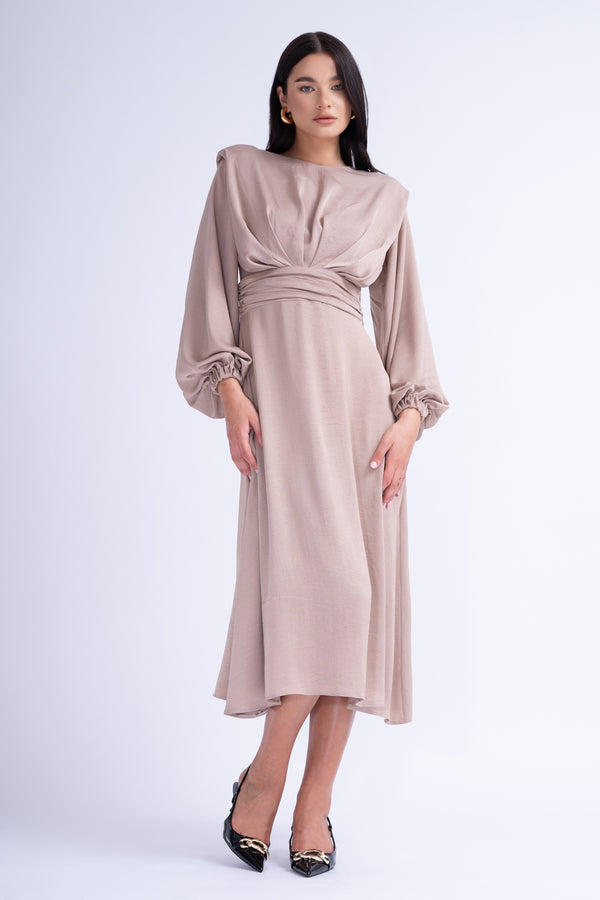 Beige Midi Dress With Shoulder Pads Detail And Pleats