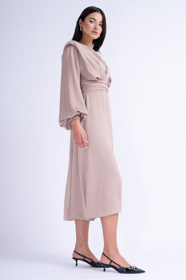 Beige Midi Dress With Shoulder Pads Detail And Pleats