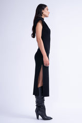 Black Midi Dress With Oversized Shoulders And Side Slit