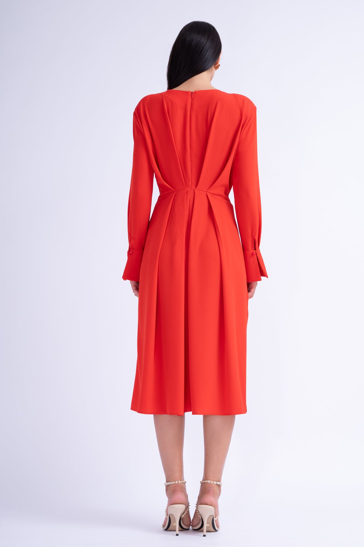 Midi Red Dress With Ring Detail And Pleats