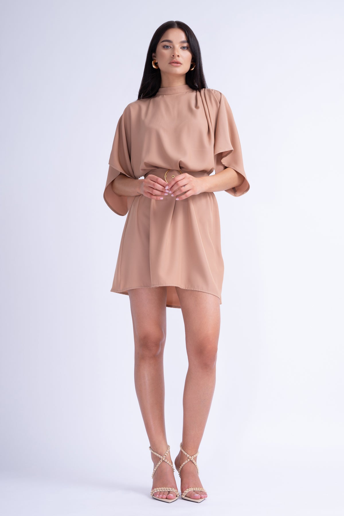 Rochie Mini Bej cu Pliuri si Curea