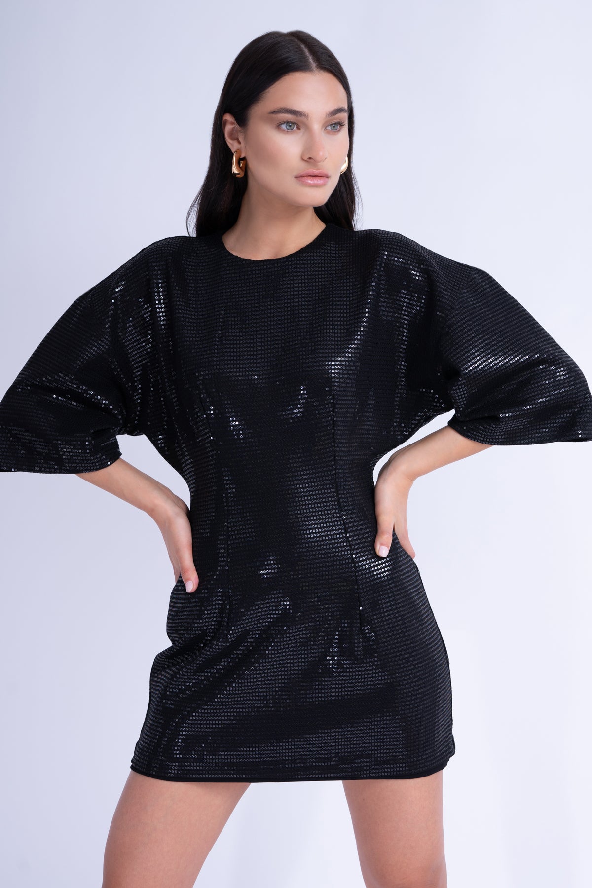Black Sequins Fitted-Waist Mini Dress