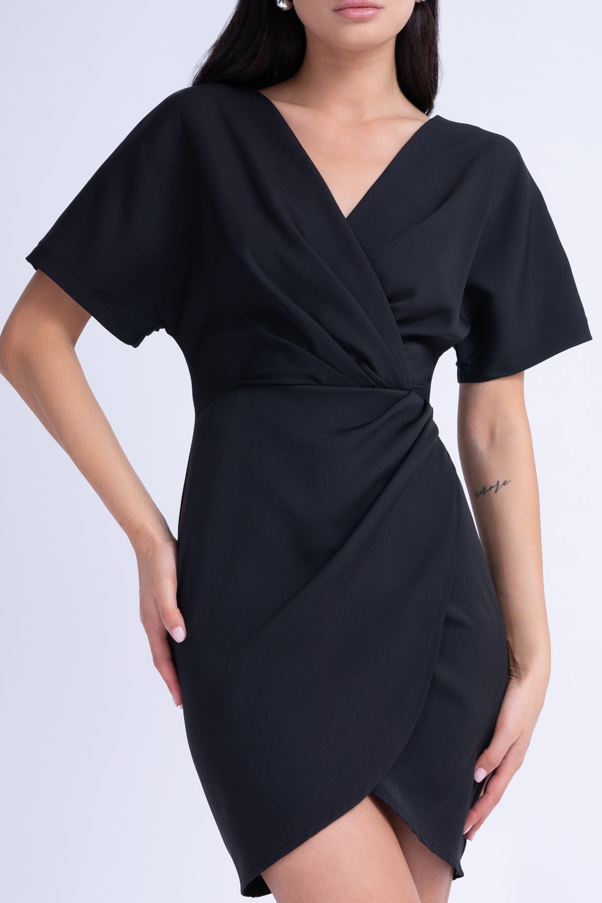 Black Mini Dress With Pleats And V-Neck