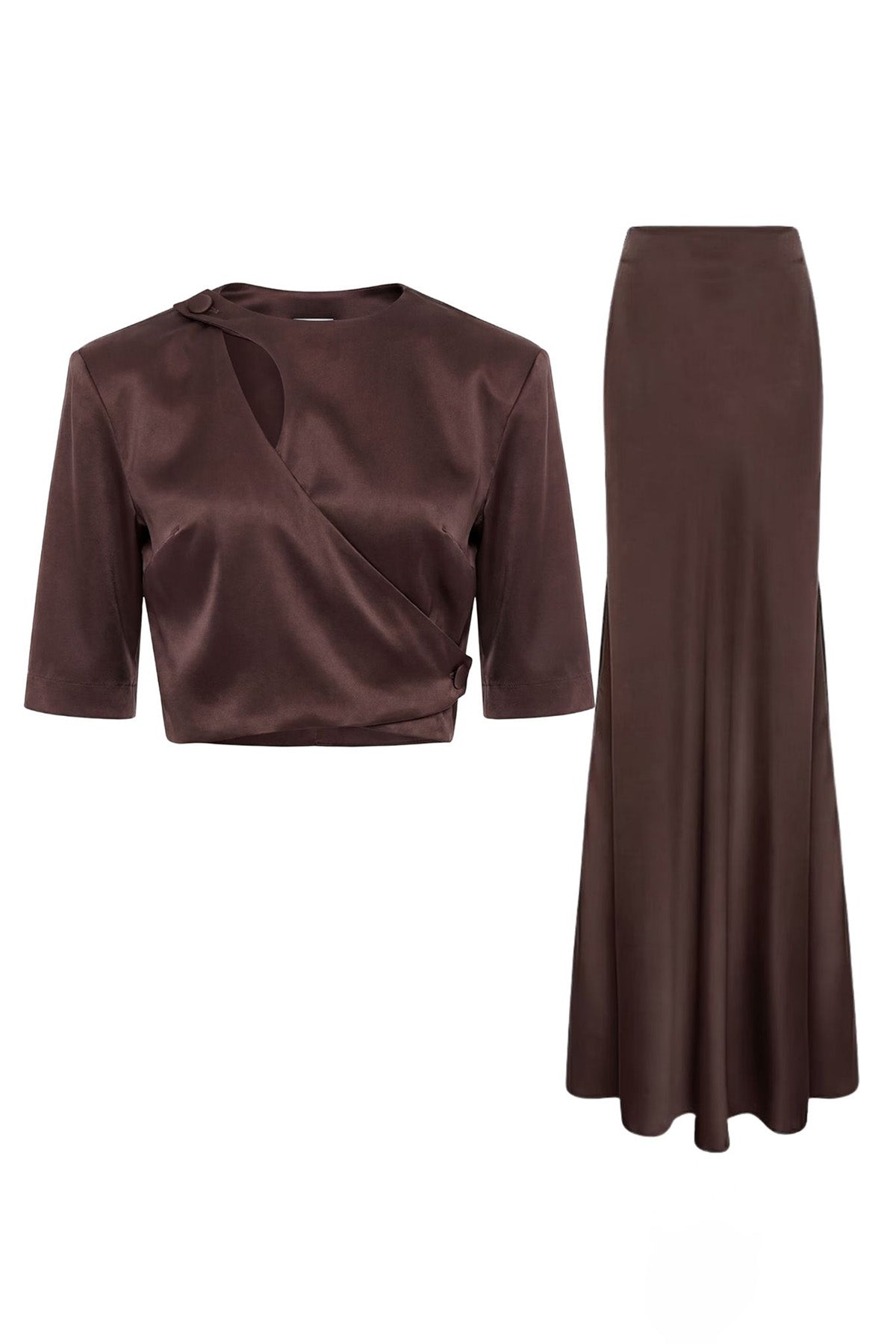 Set elegant maro – bluză cu decupaj și fustă lungă