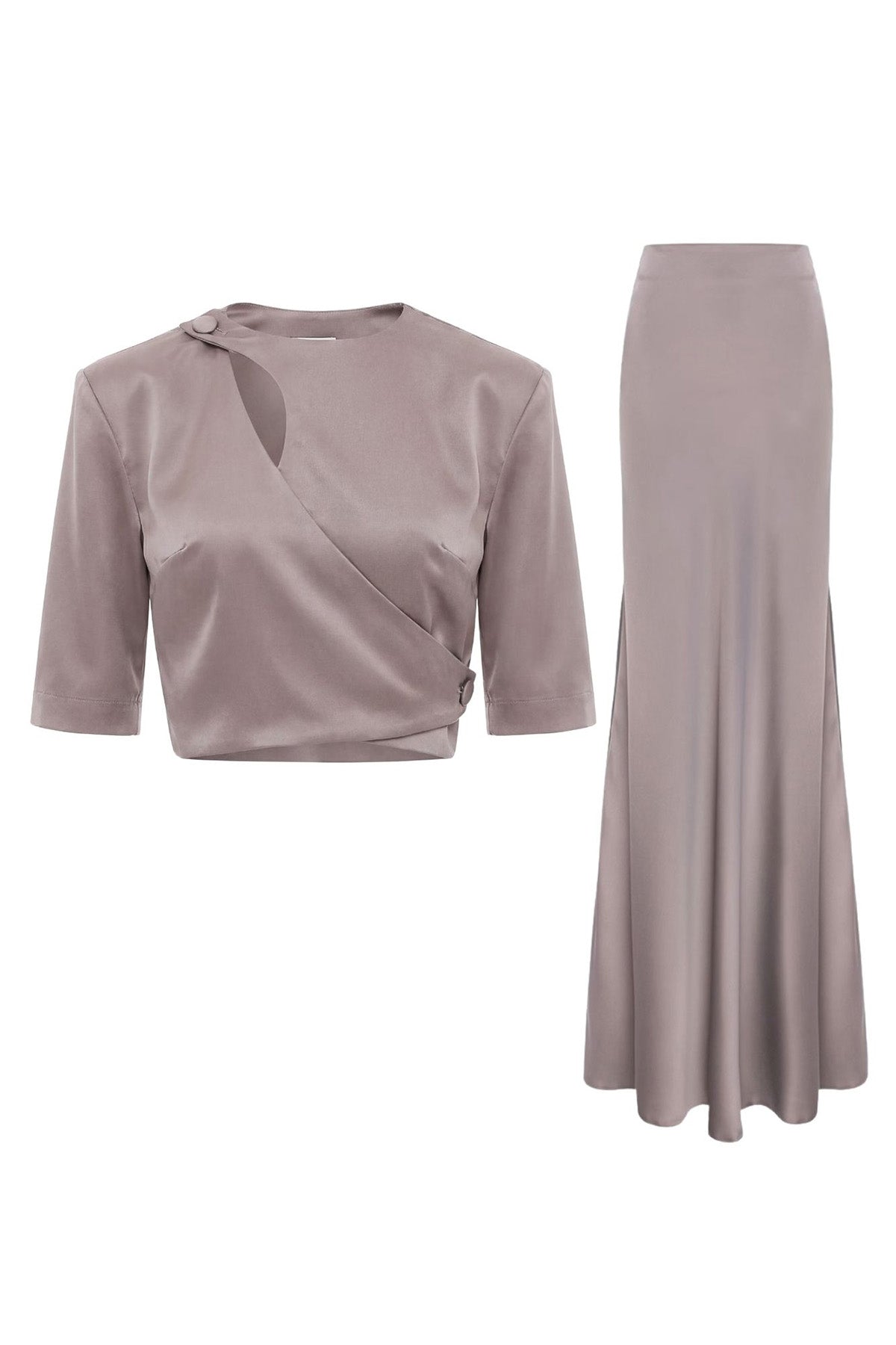 Set elegant gri – bluză cu decupaj și fustă lungă