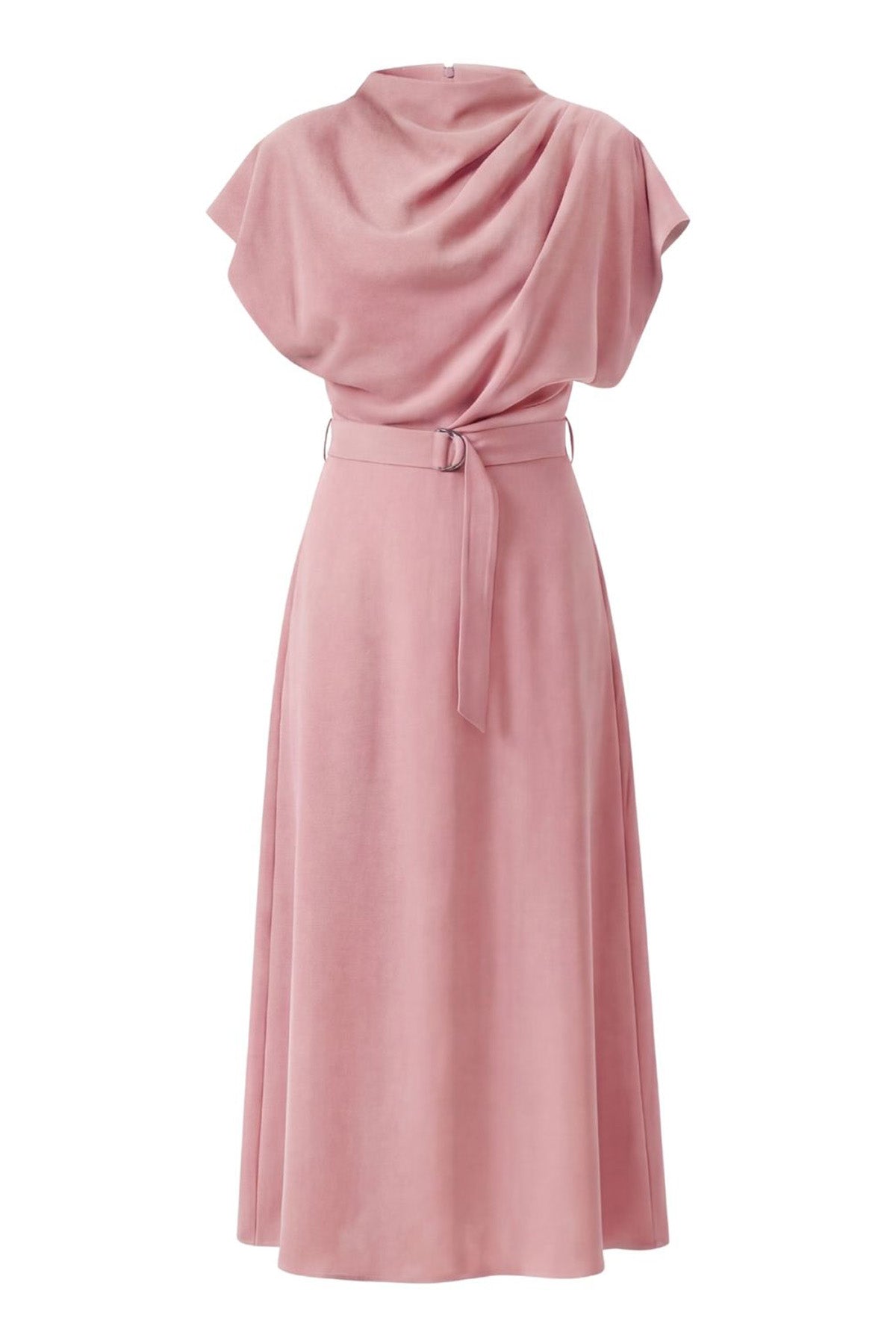 Rochie midi roz cu drapaj și cordon în talie