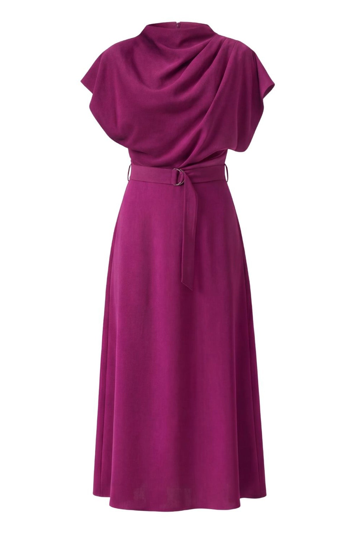 Rochie midi fucsia cu drapaj și cordon în talie