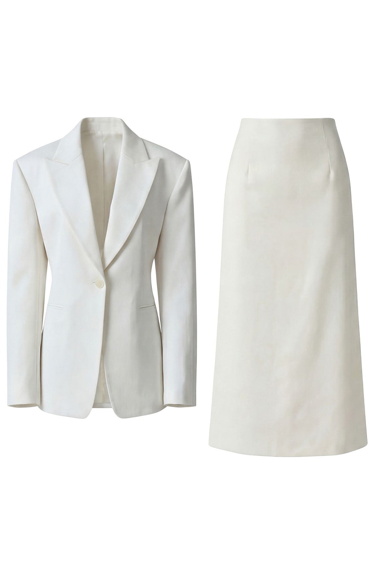 Costum alb cu sacou cambrat și fustă midi