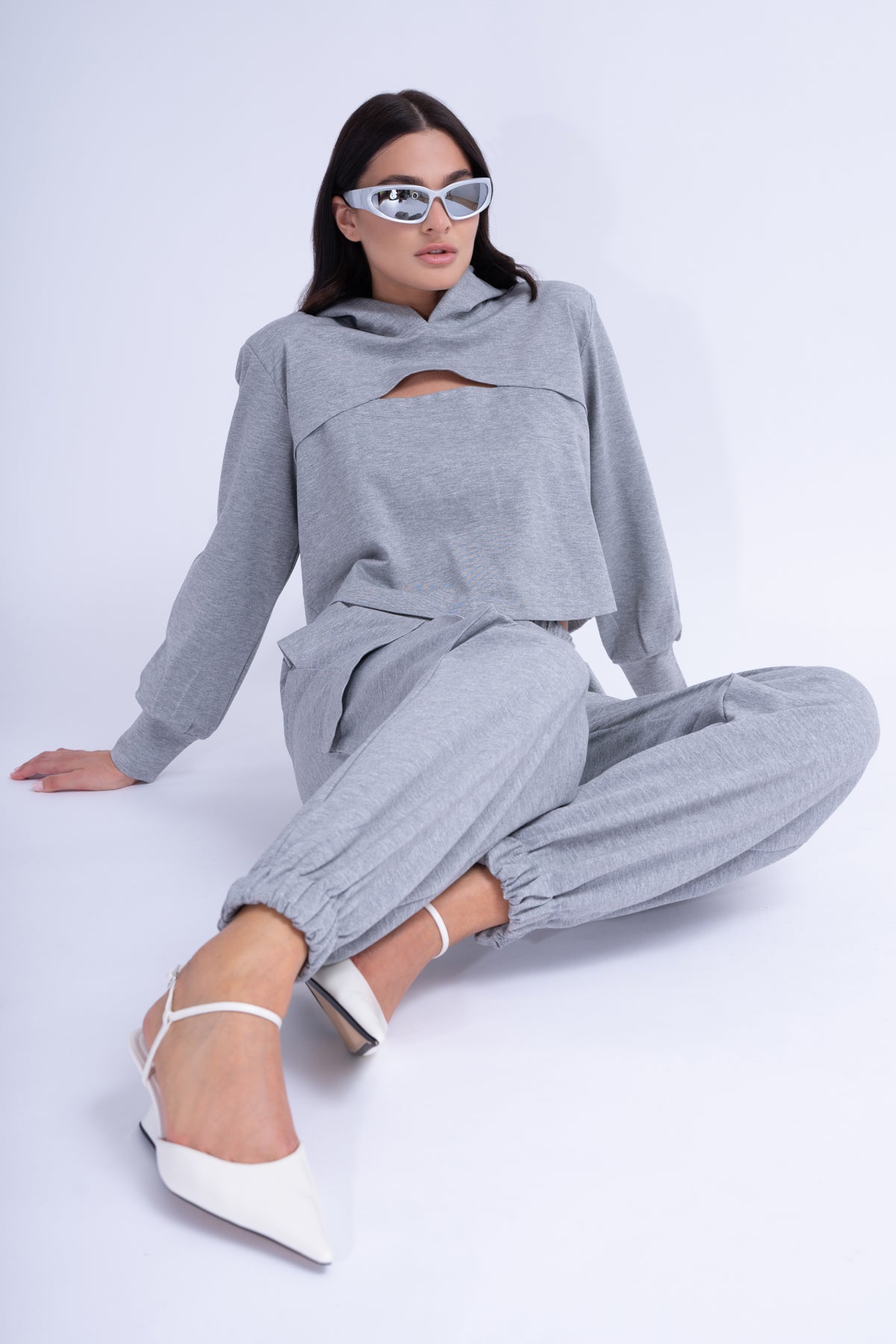 Grey Matching Set With Cut-Out Hoodie And Cargo Pants