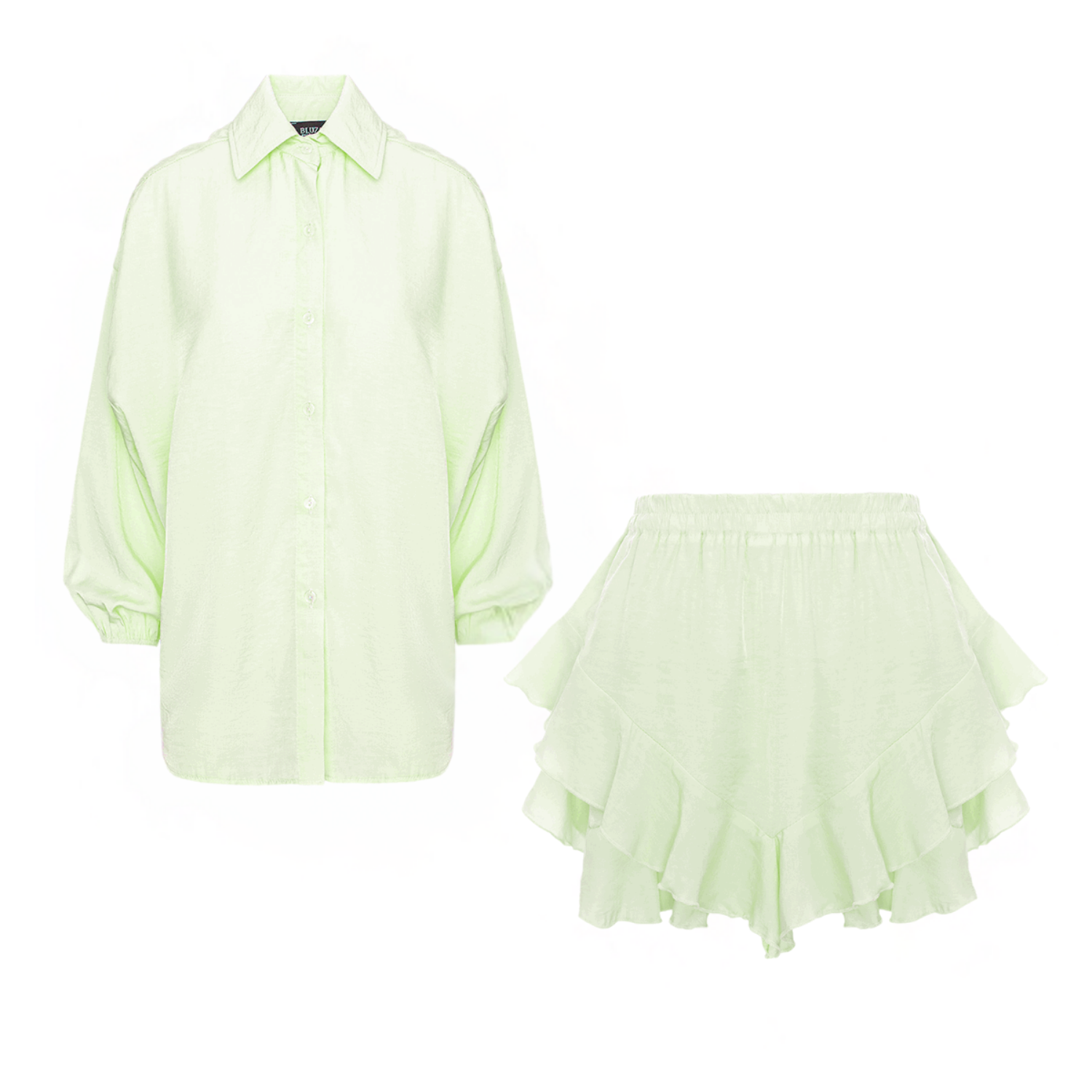 Mint Green Balloon Sleeve Shirt and Ruffled Shorts Set