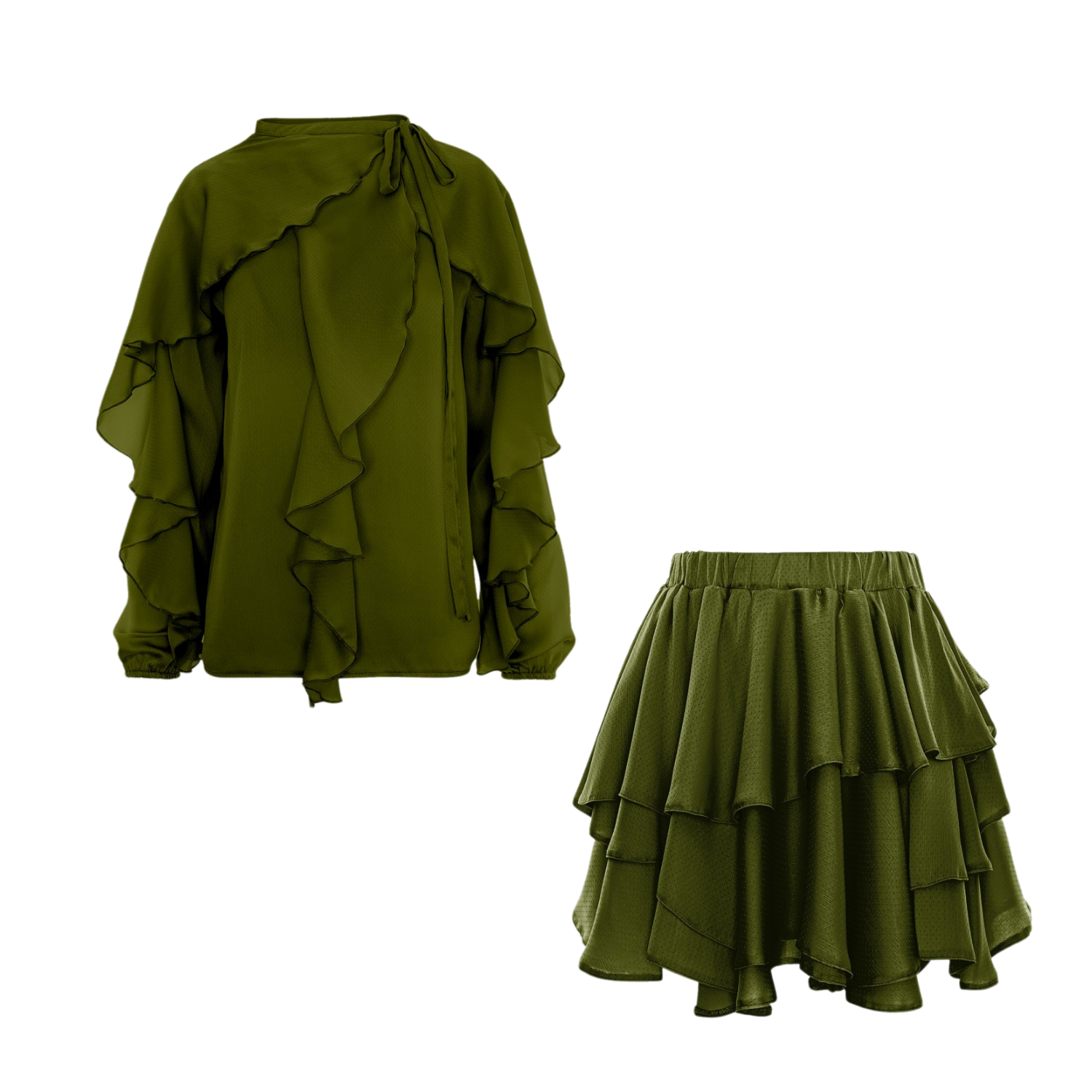 Set bluză cu volane verde măsliniu și fustă mini în straturi