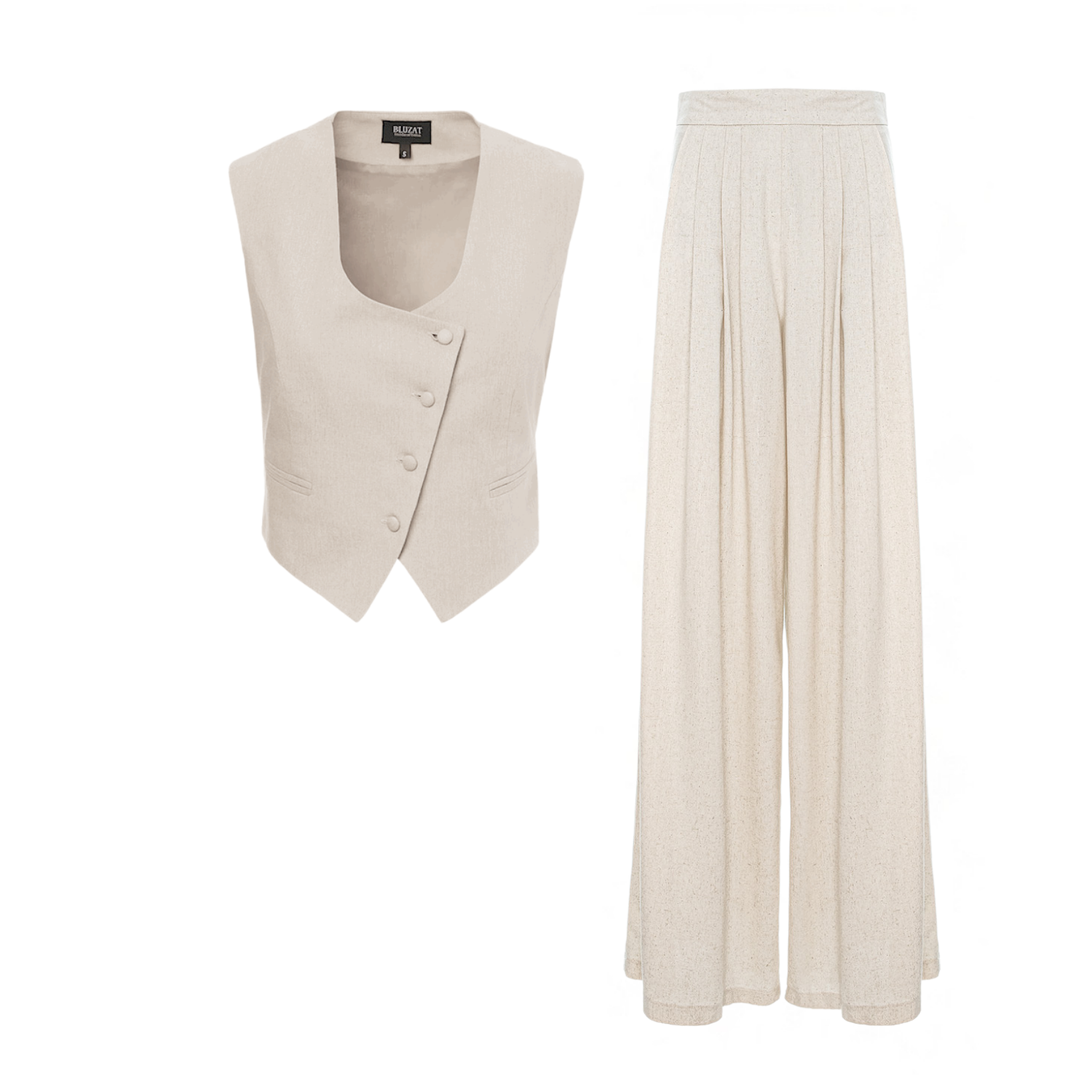 Cream Linen-Style Button Front Set with Wide Legs