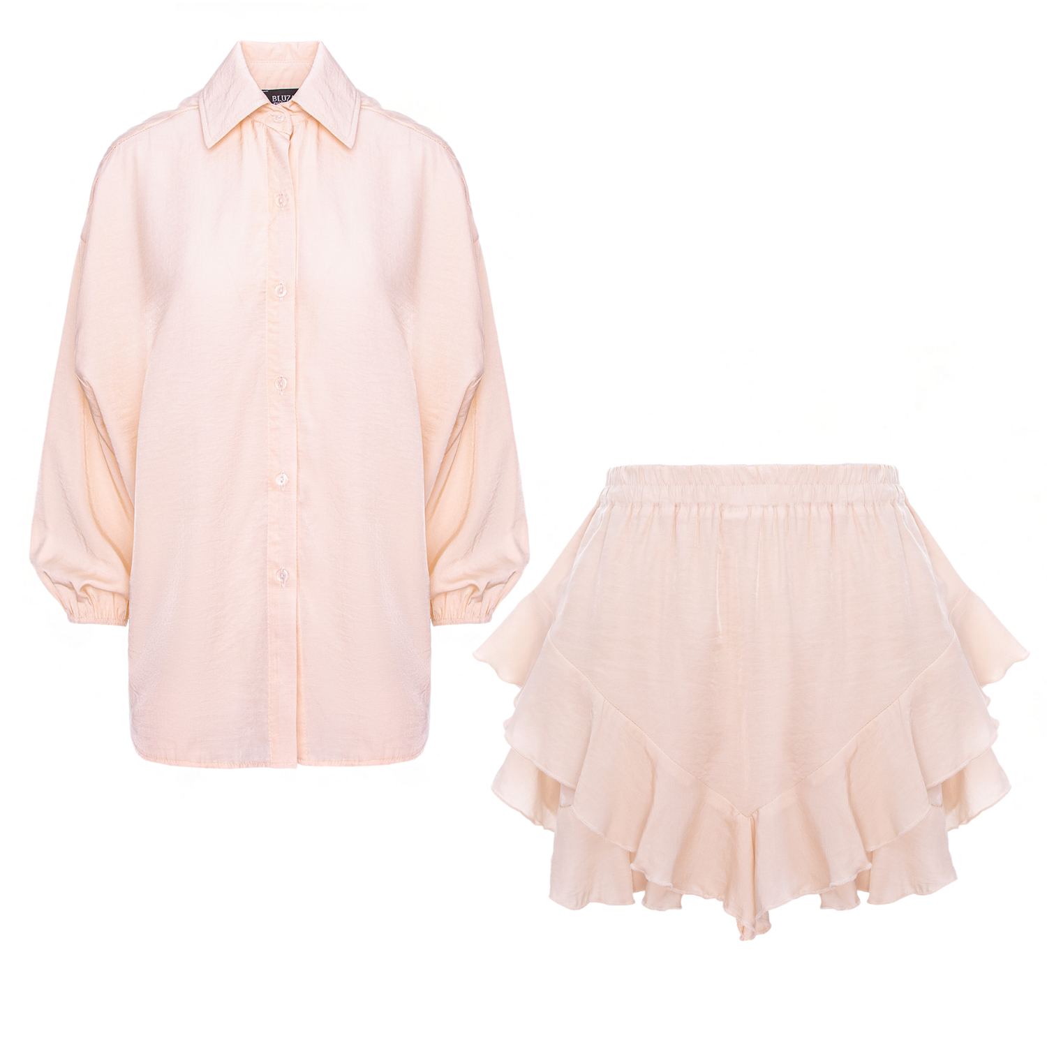 Pink Balloon Sleeve Shirt and Ruffled Shorts Set