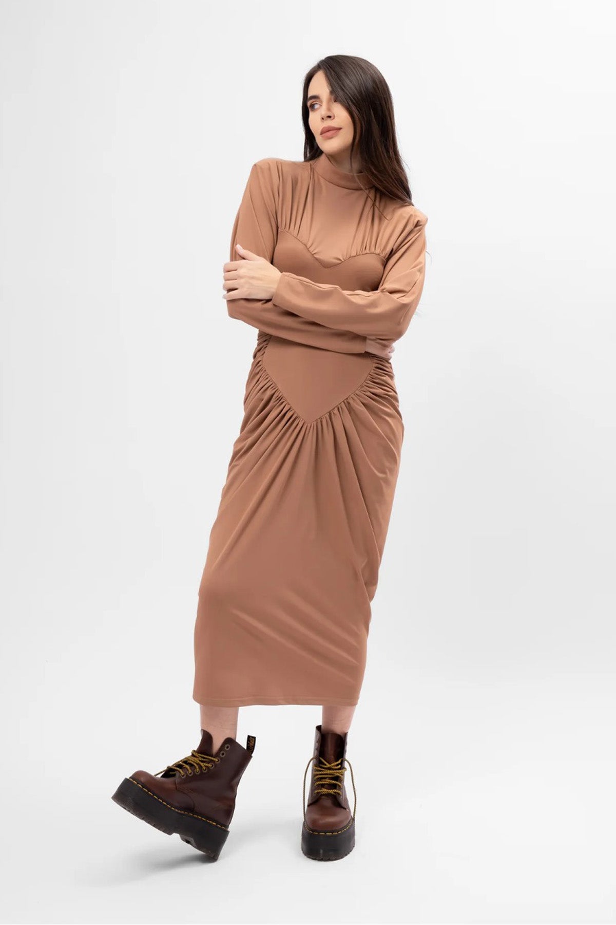 Beige Midi Dress with Heart-Shaped Detail