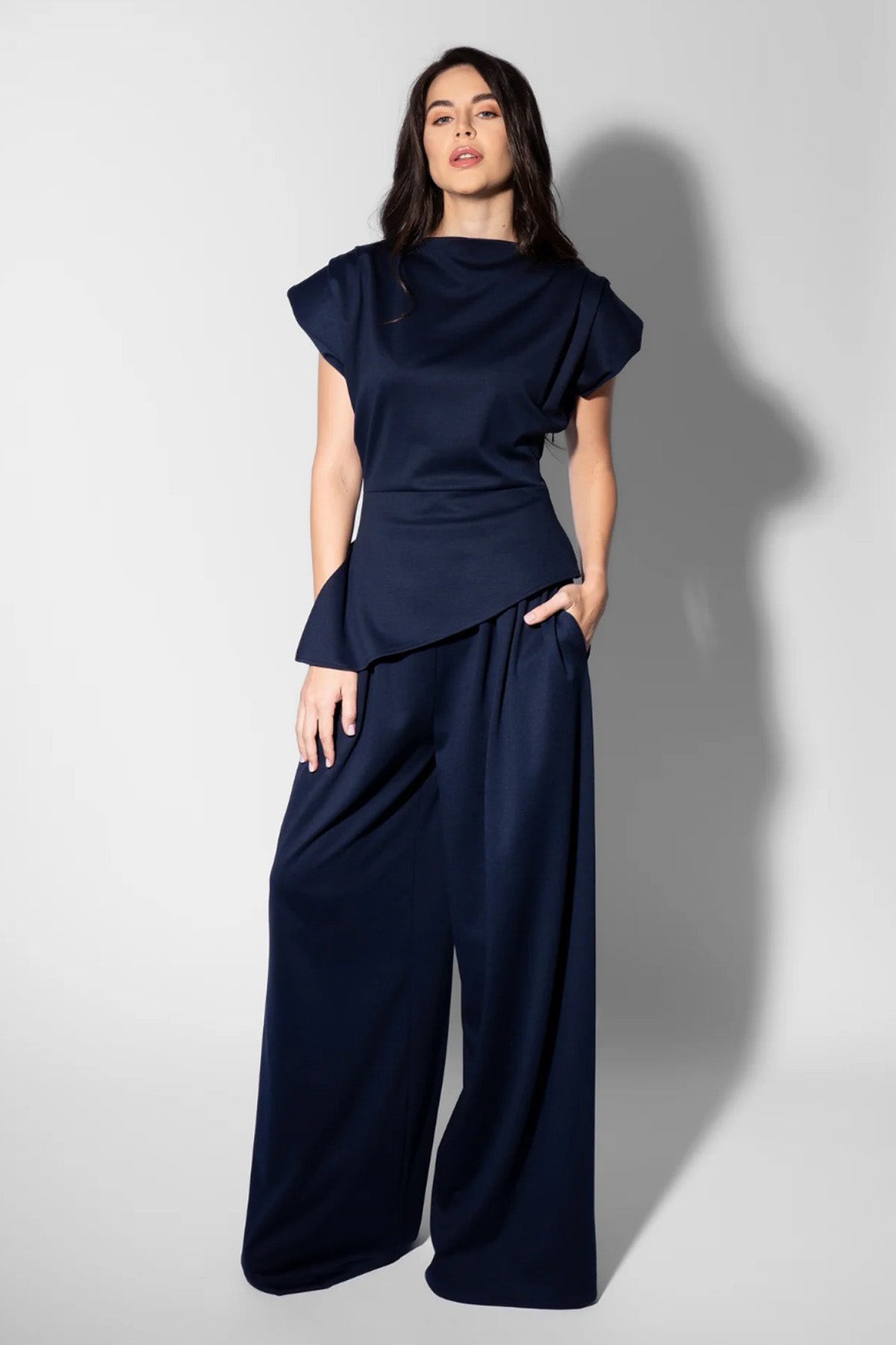 Navy Blue Set with Structured Shoulder Top and Palazzo Pants