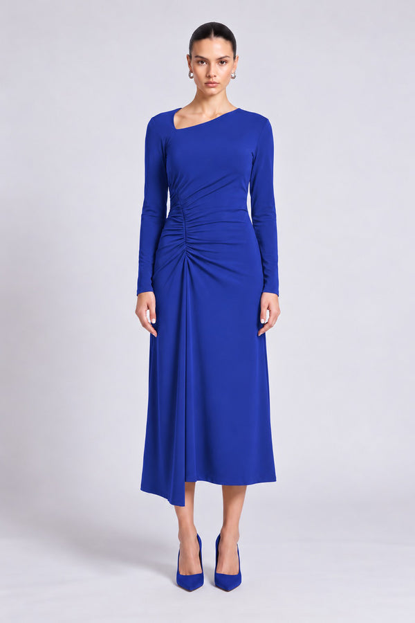 Rochie midi blue cu decolteu asimetric și drapaj lateral