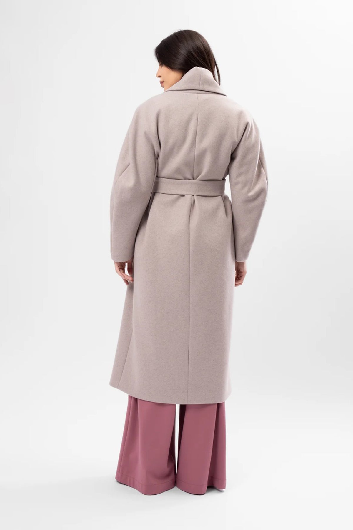 Long taupe cream coat with belt and wide lapel