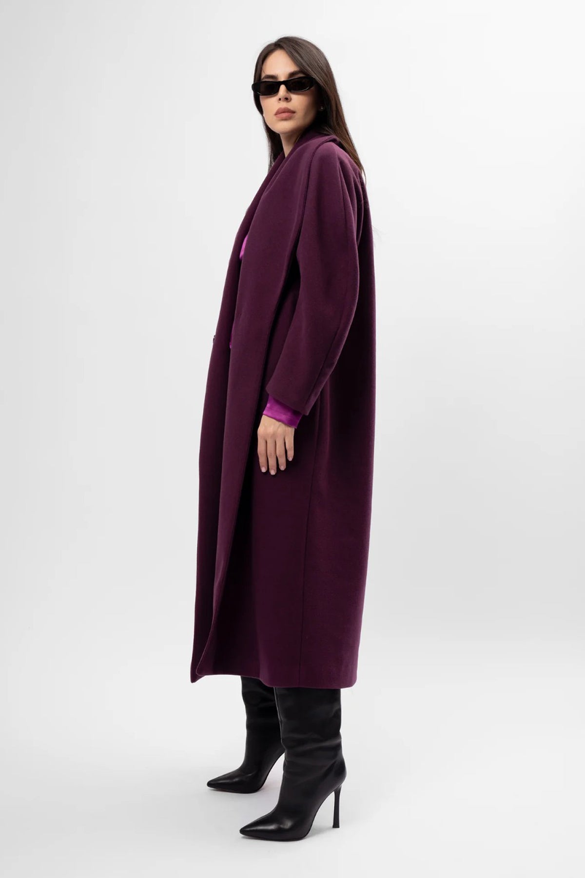 Long plum-purple coat with belt and wide lapel