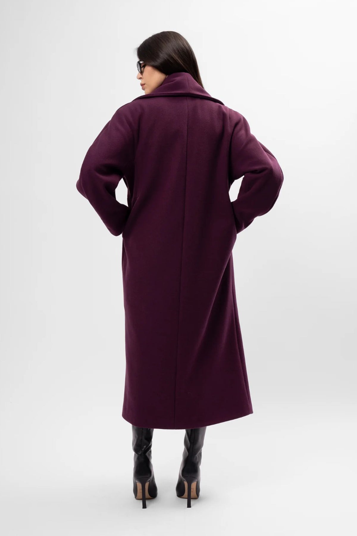 Long plum-purple coat with belt and wide lapel