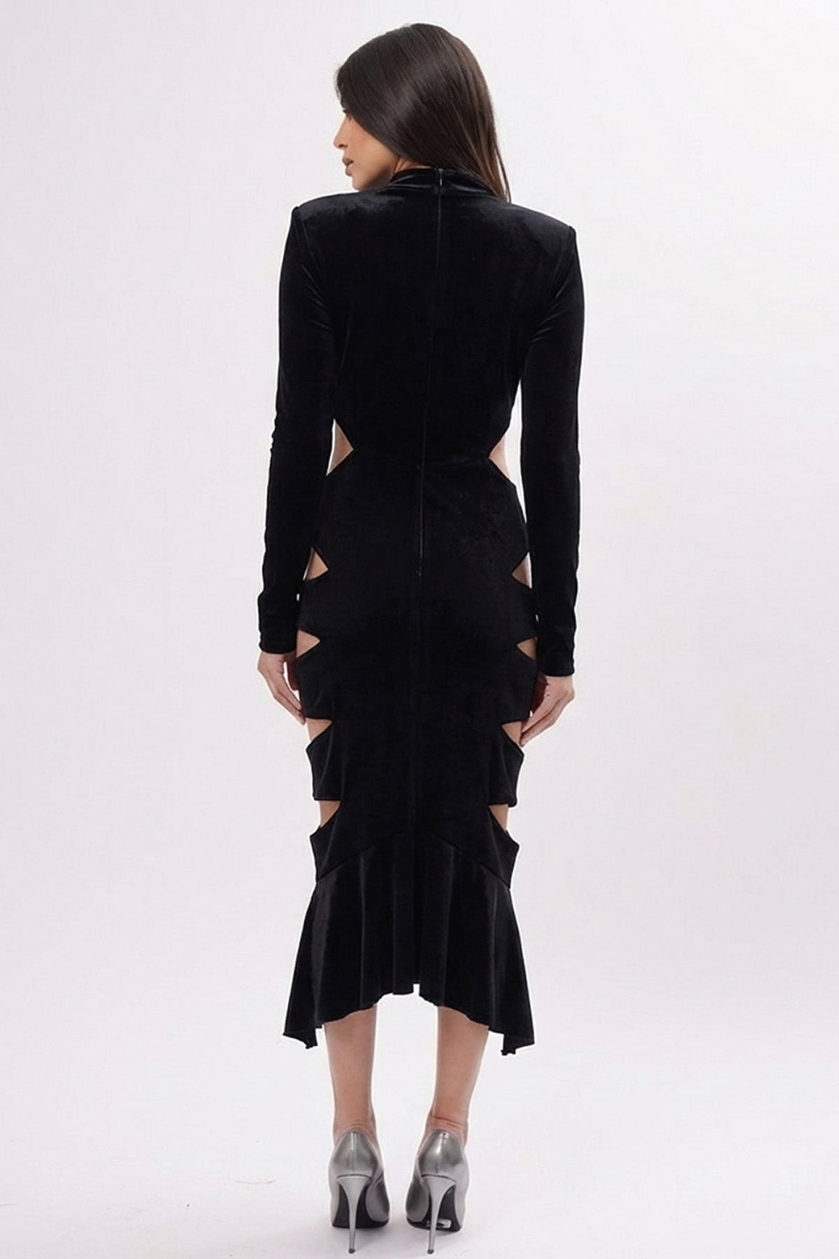 Rochie Neagra din Catifea Midi cu Decupaje și Volan Asimetric