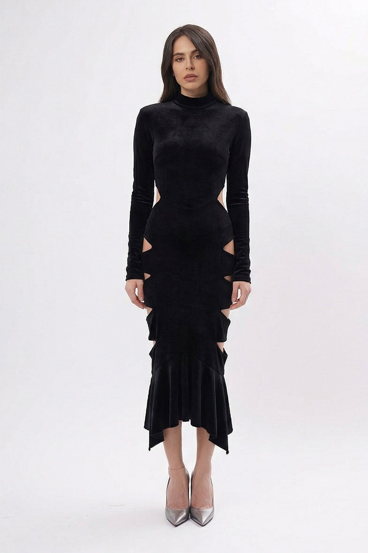 Rochie Neagra din Catifea Midi cu Decupaje și Volan Asimetric