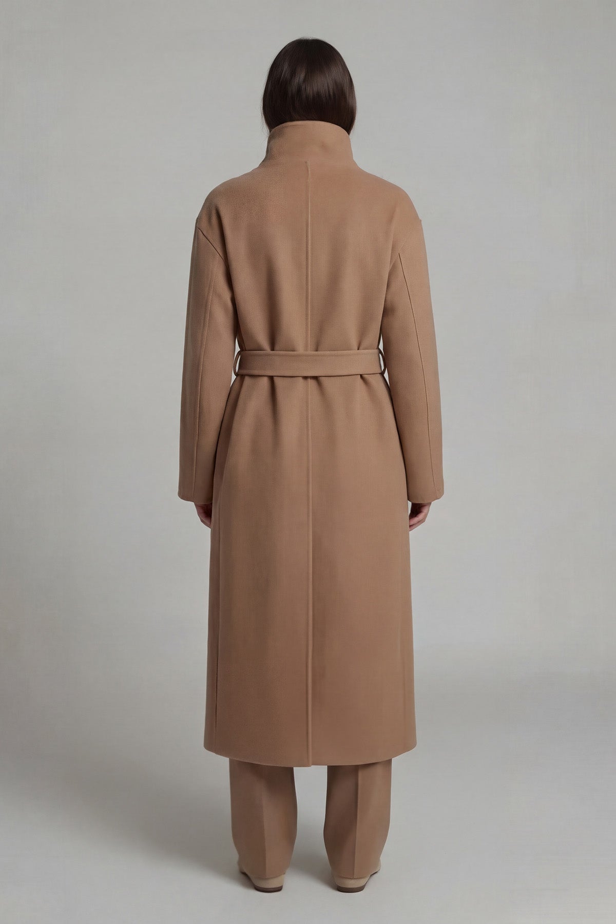 Palton lung camel cu guler înalt