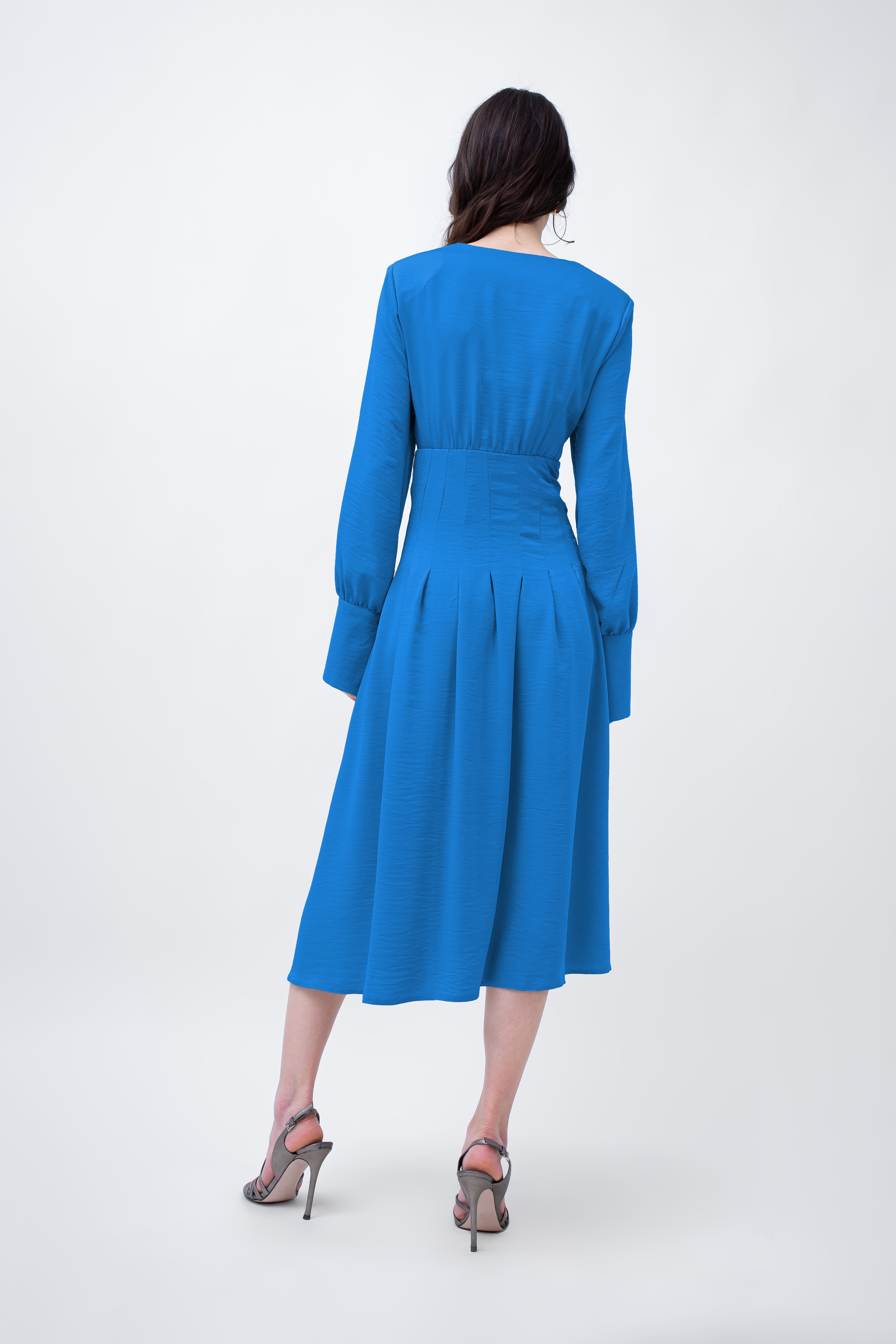 Baby Blue Midi Dress With Pleats And Asymmetrical Cut Neck