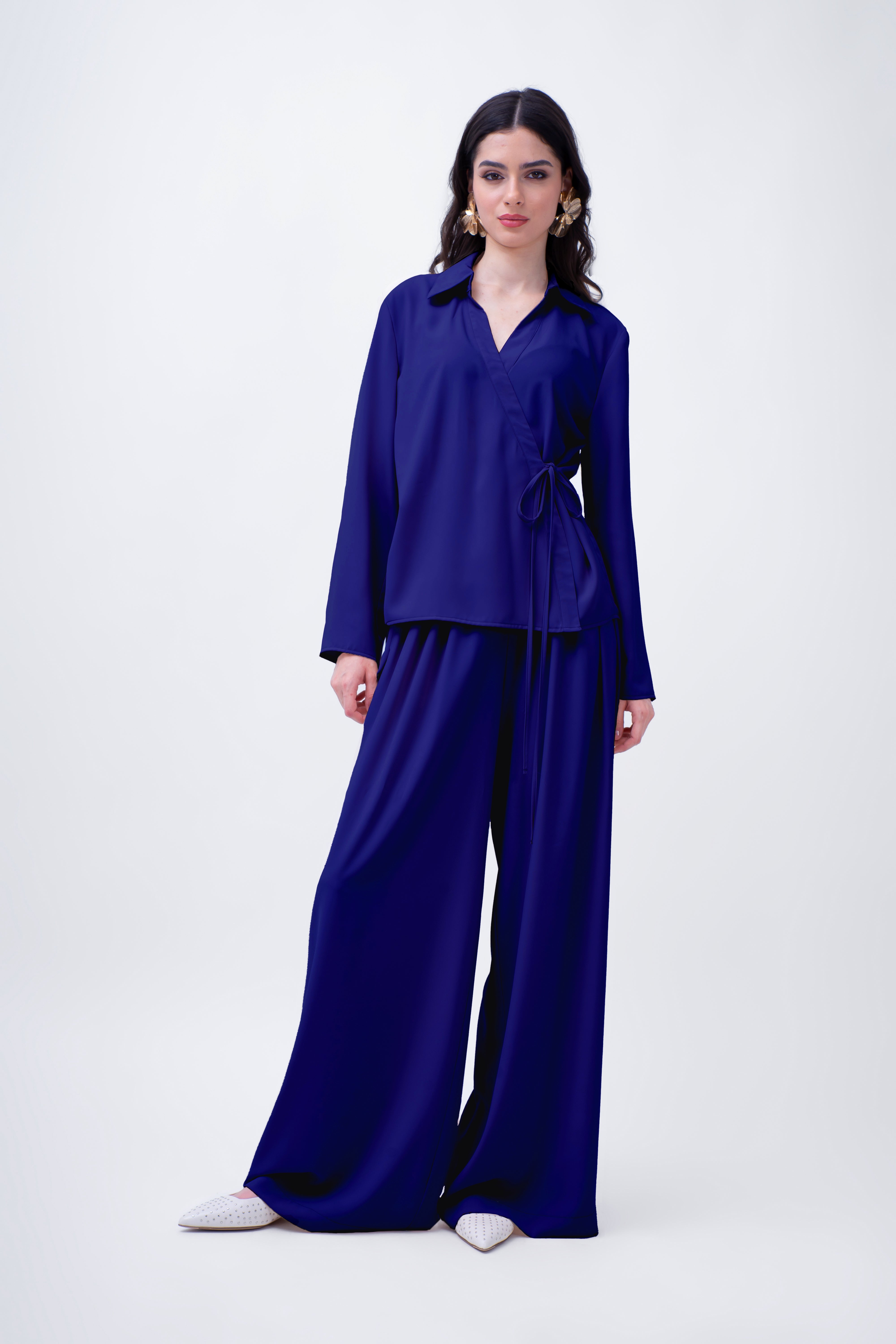 Navy Set With Wrap Blouse And Wide Trousers
