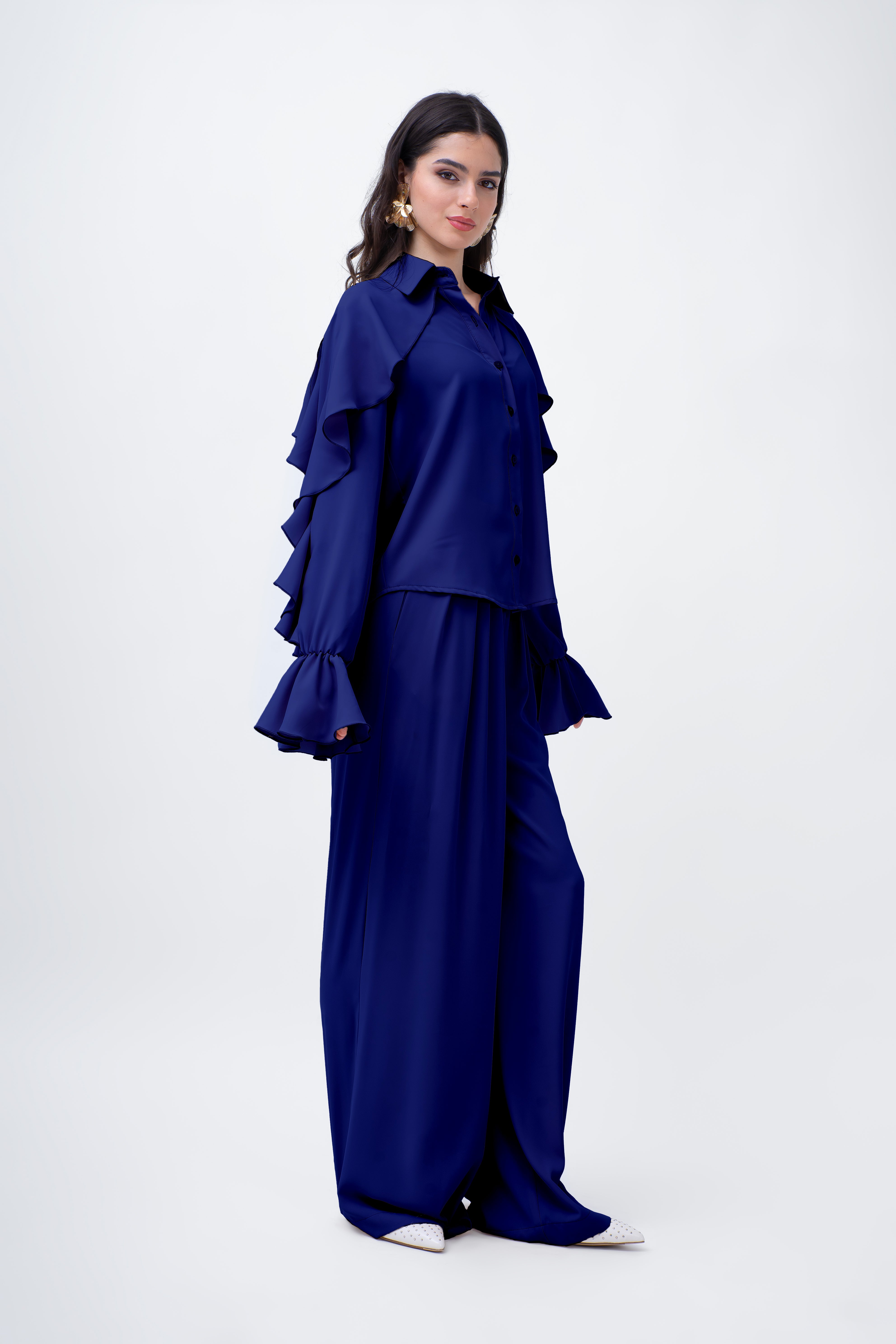Navy Set With Ruffled Shirt And Wide Leg Trousers