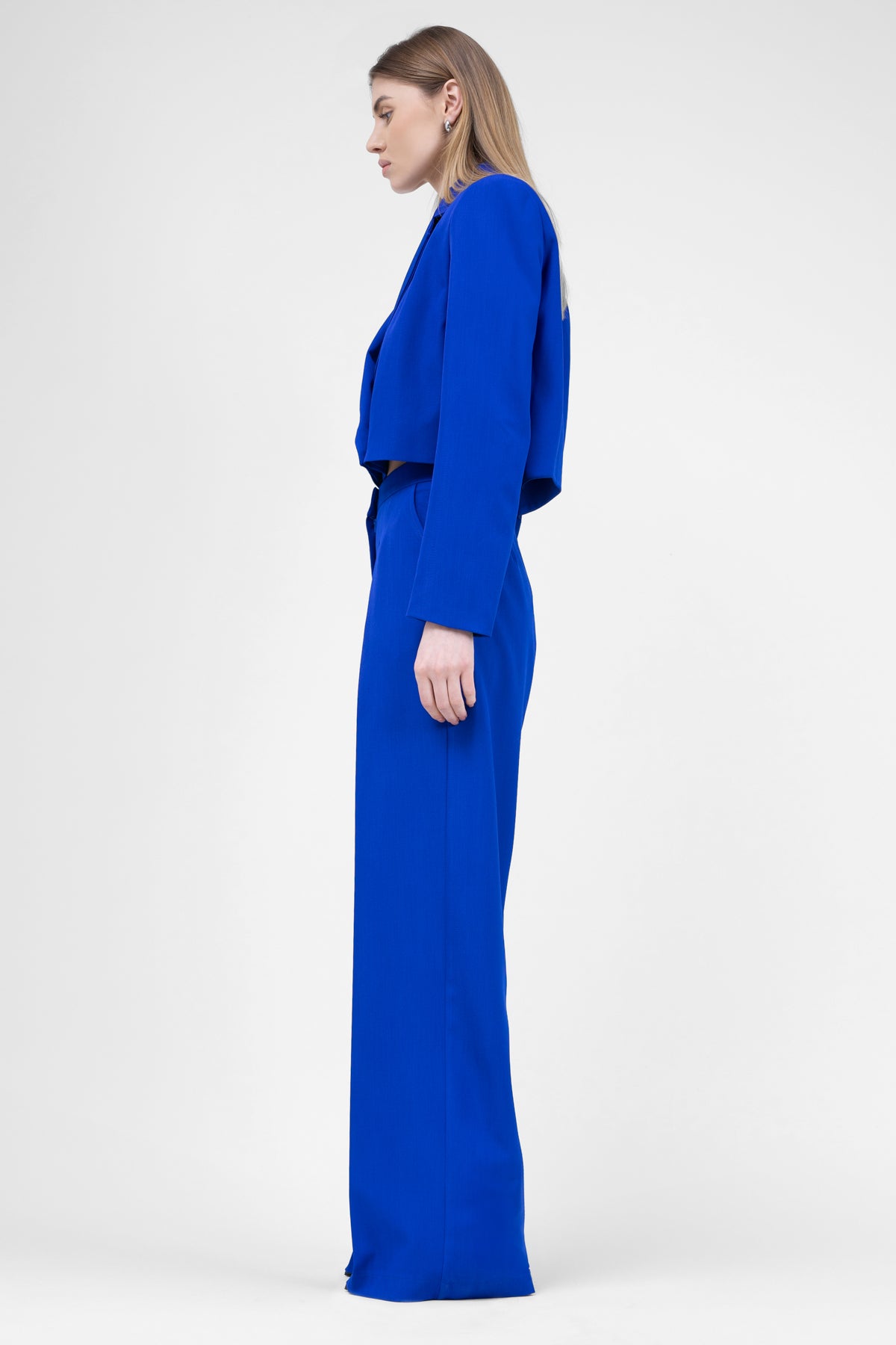 Electric Blue Suit With Cropped Blazer And Ultra Wide Leg Trousers