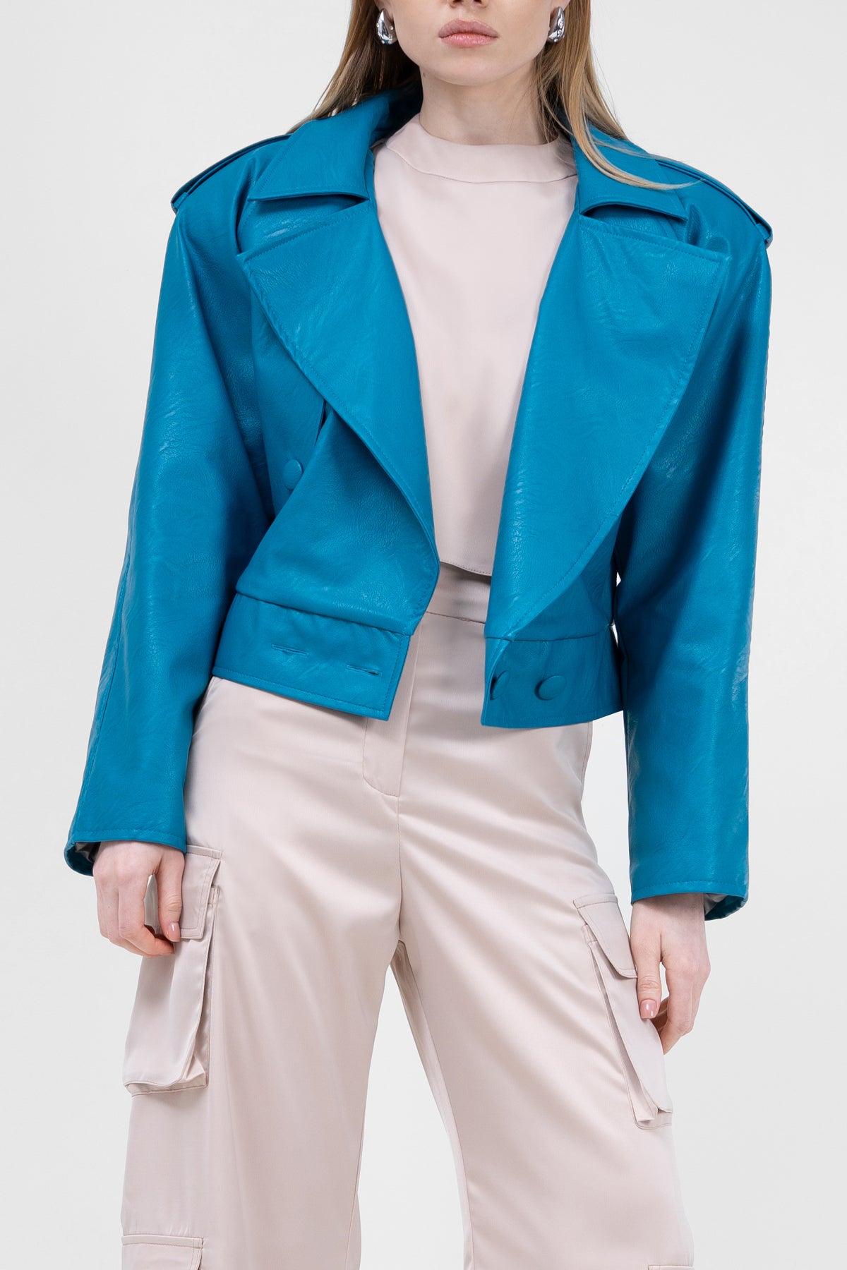 Jacheta biker din ecopiele turcoaz