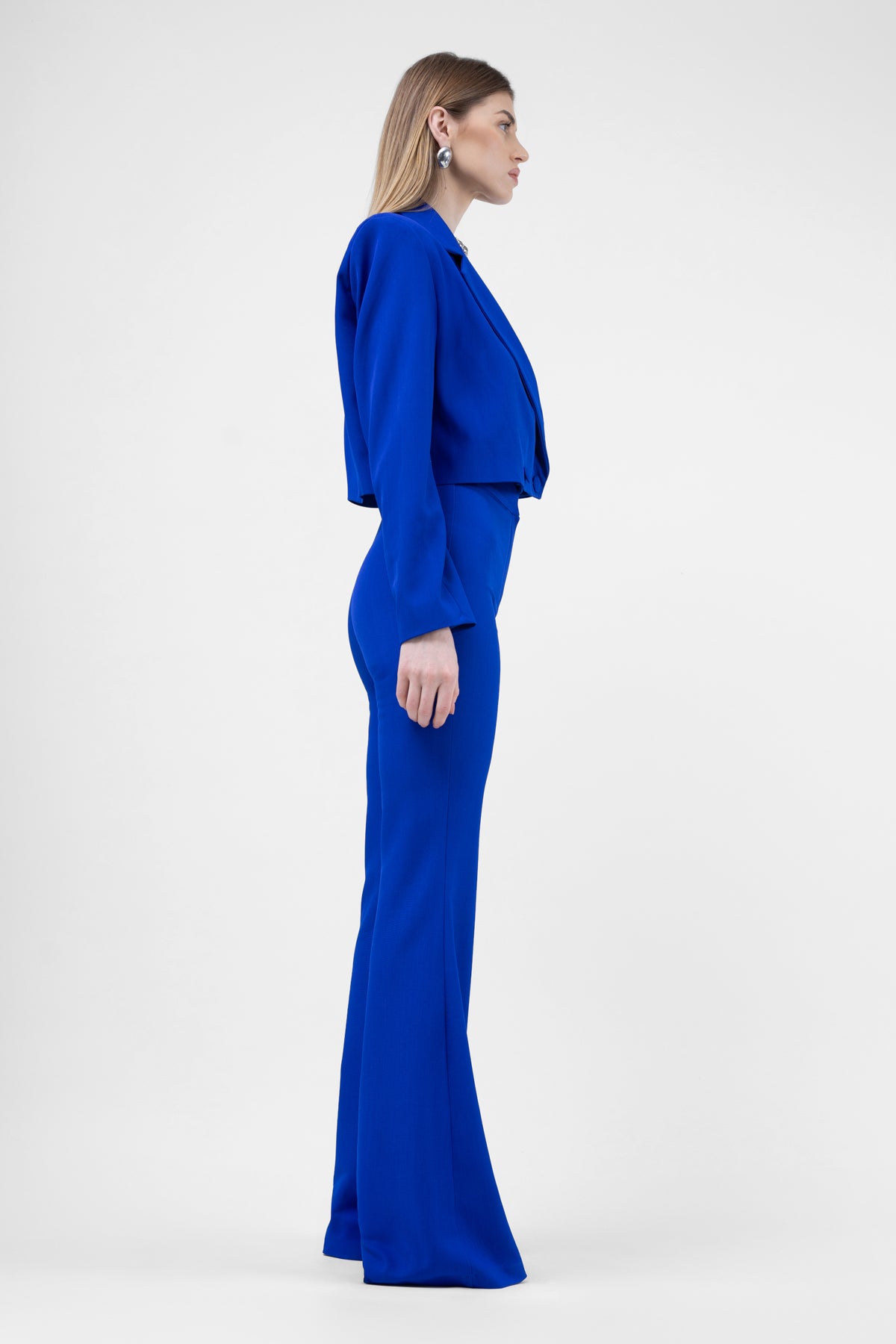Electric Blue Suit With Cropped Blazer And Flared Trousers