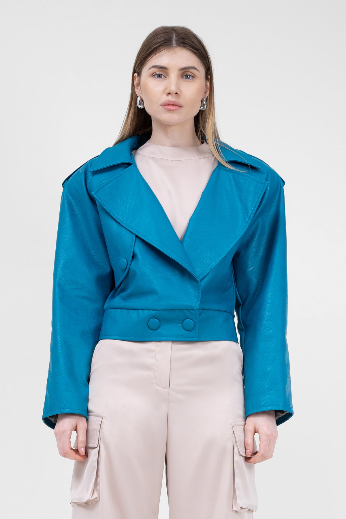 Jacheta biker din ecopiele turcoaz