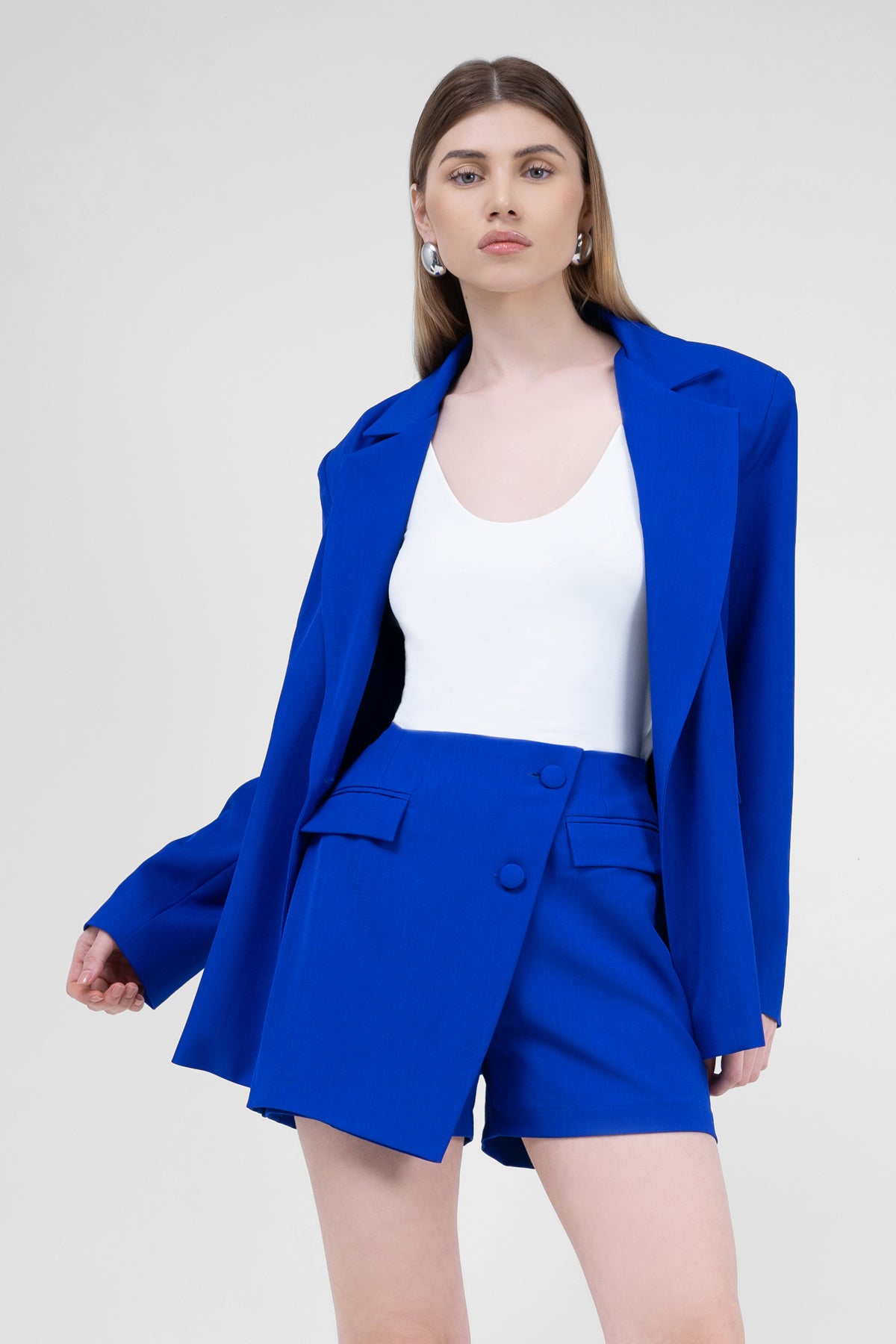 Electric Blue Suit With Regular Blazer With Double Pocket And Skort