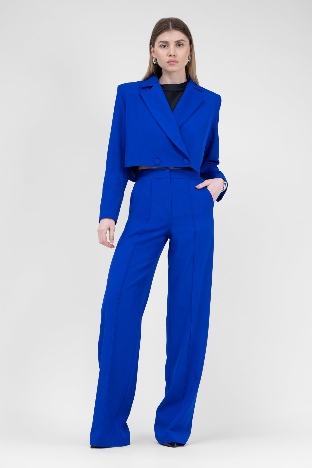 Electric Blue Suit With Cropped Blazer And Stripe Detail Trousers