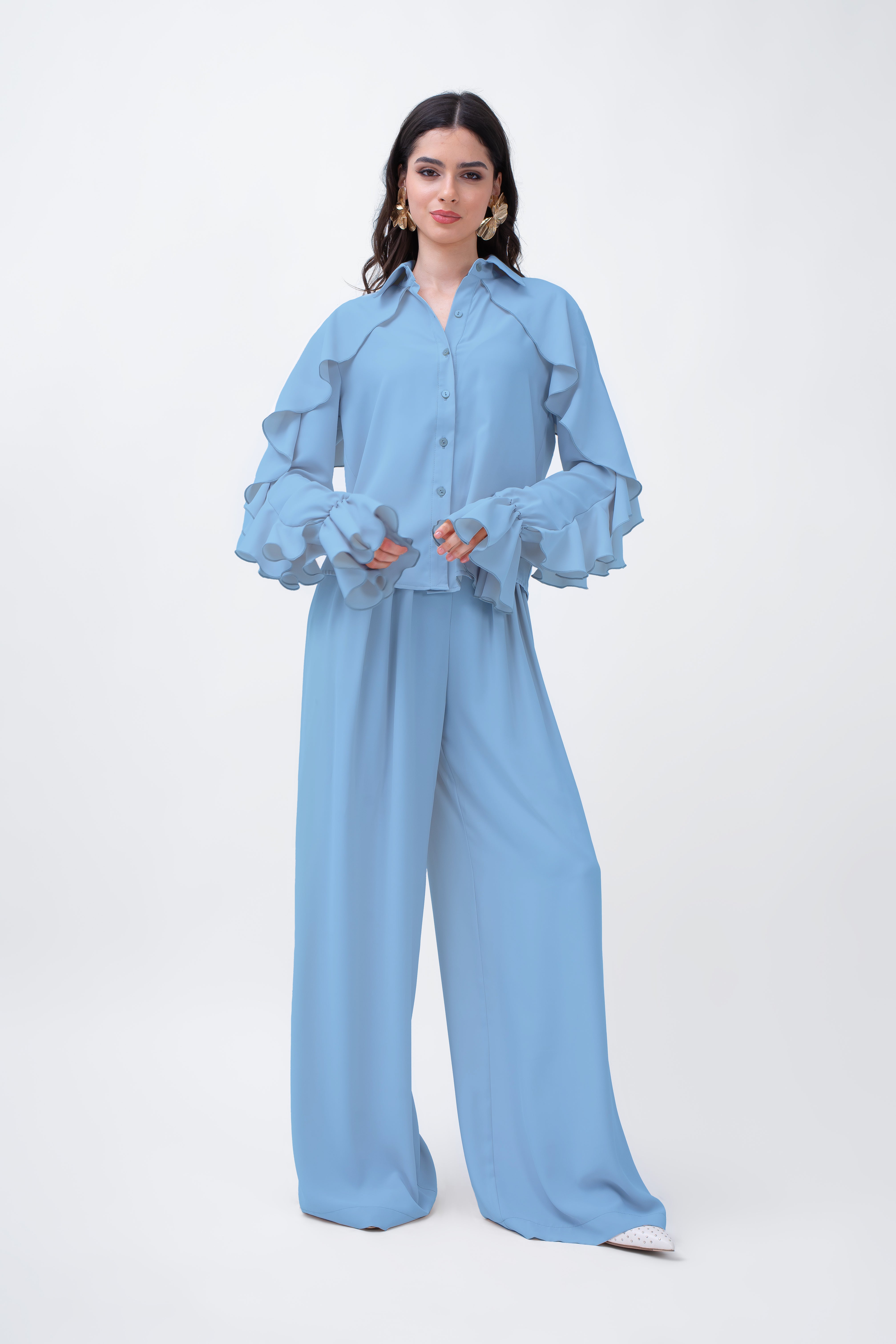 Baby Blue Set With Ruffled Shirt And Wide Leg Trousers