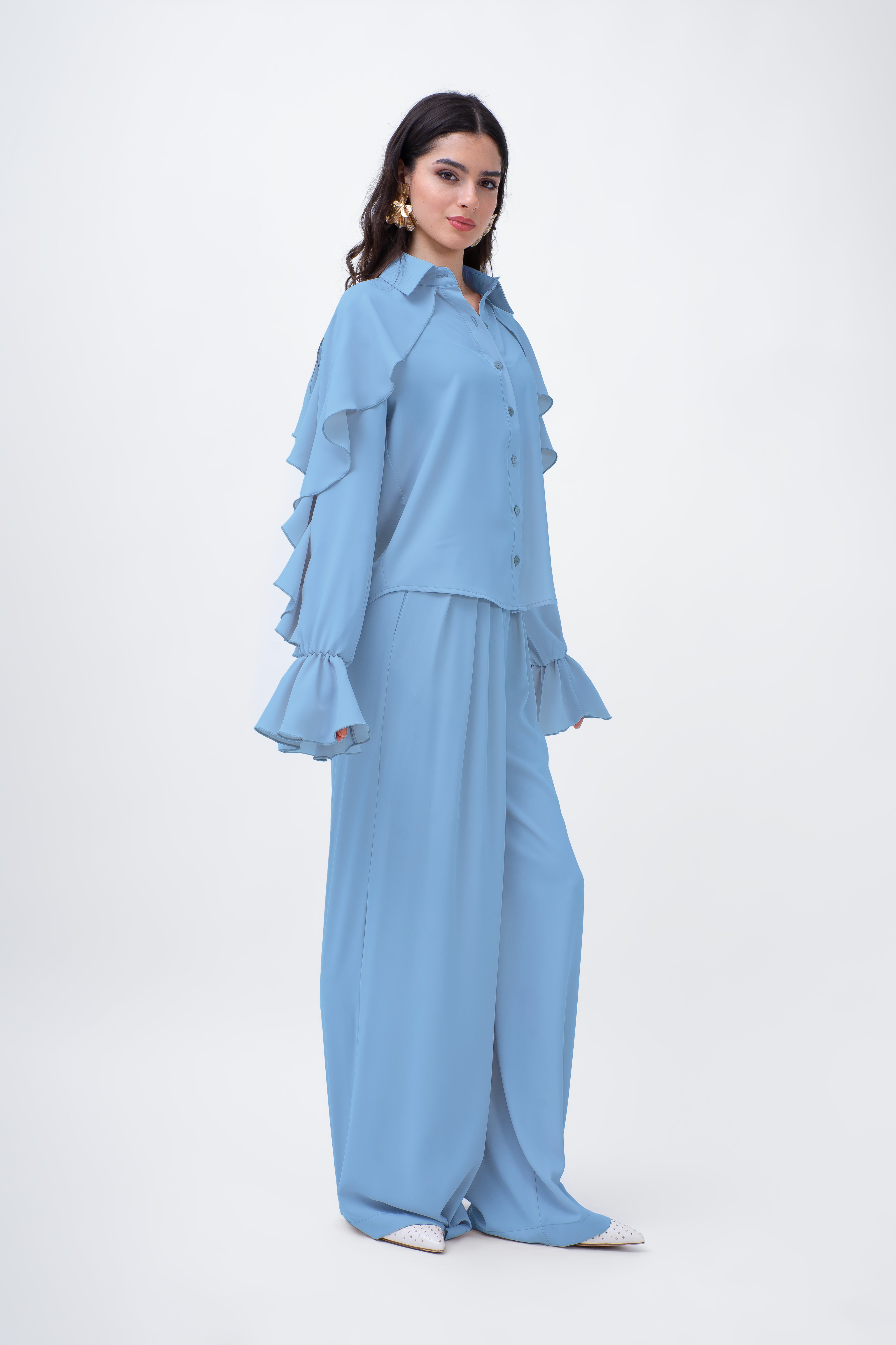 Baby Blue Set With Ruffled Shirt And Wide Leg Trousers