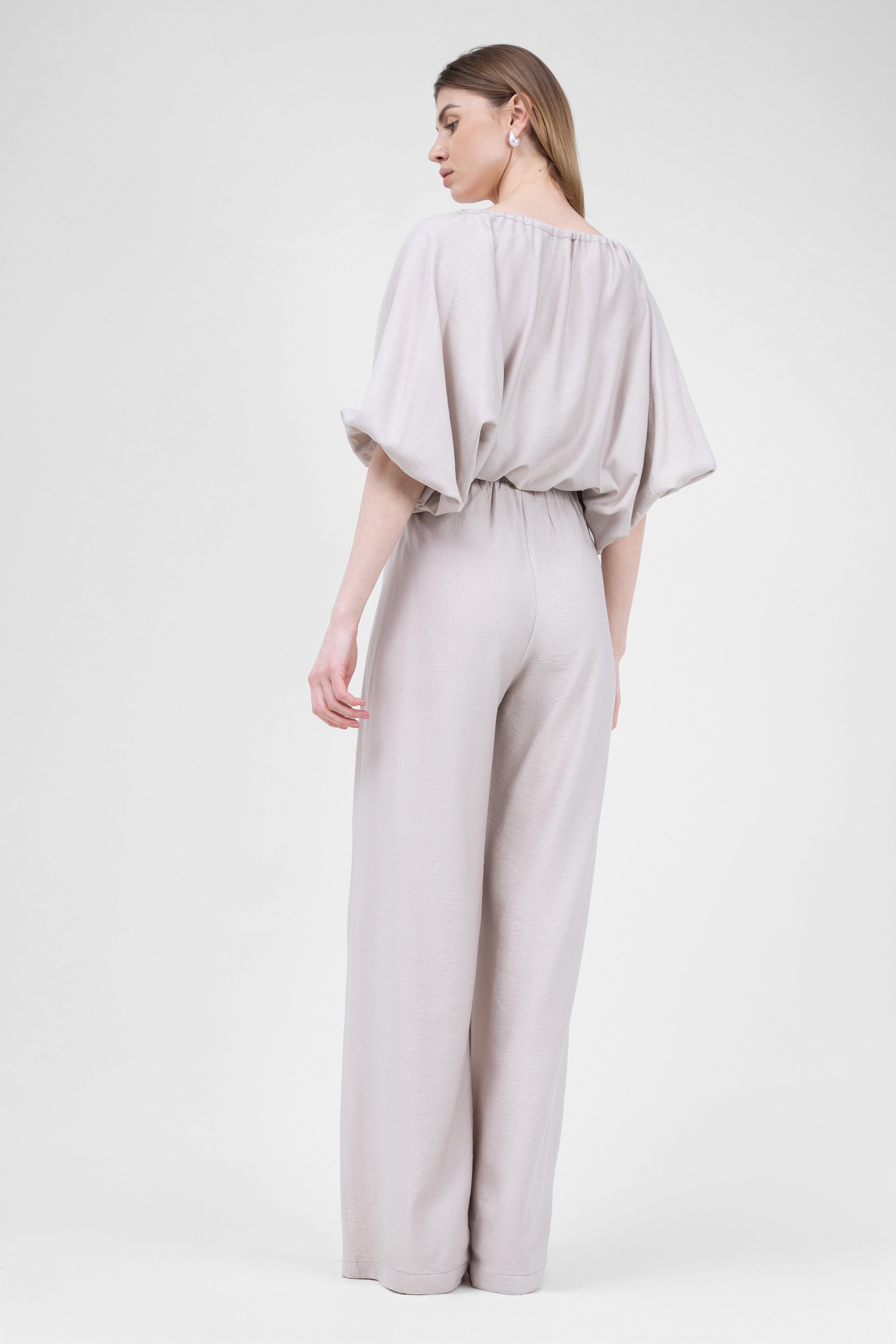 Beige Linen matching set with flowy blouse and wide leg trousers
