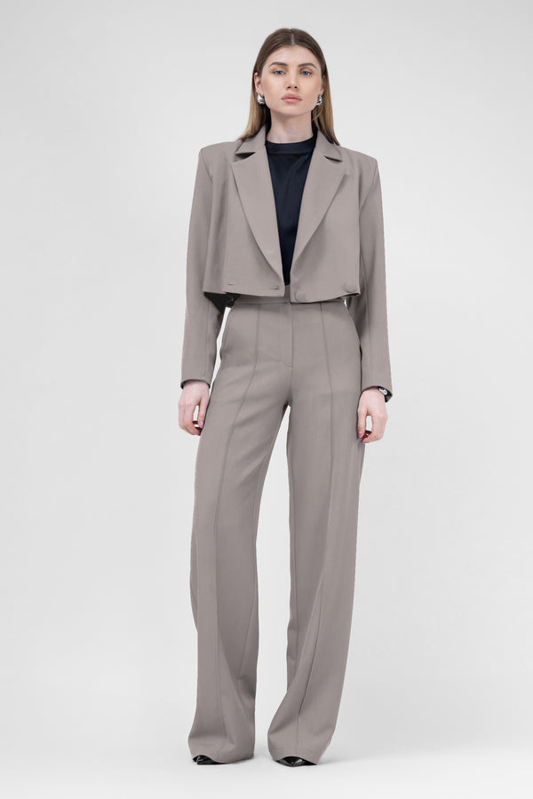 Beige Suit With Cropped Blazer And Stripe Detail Trousers