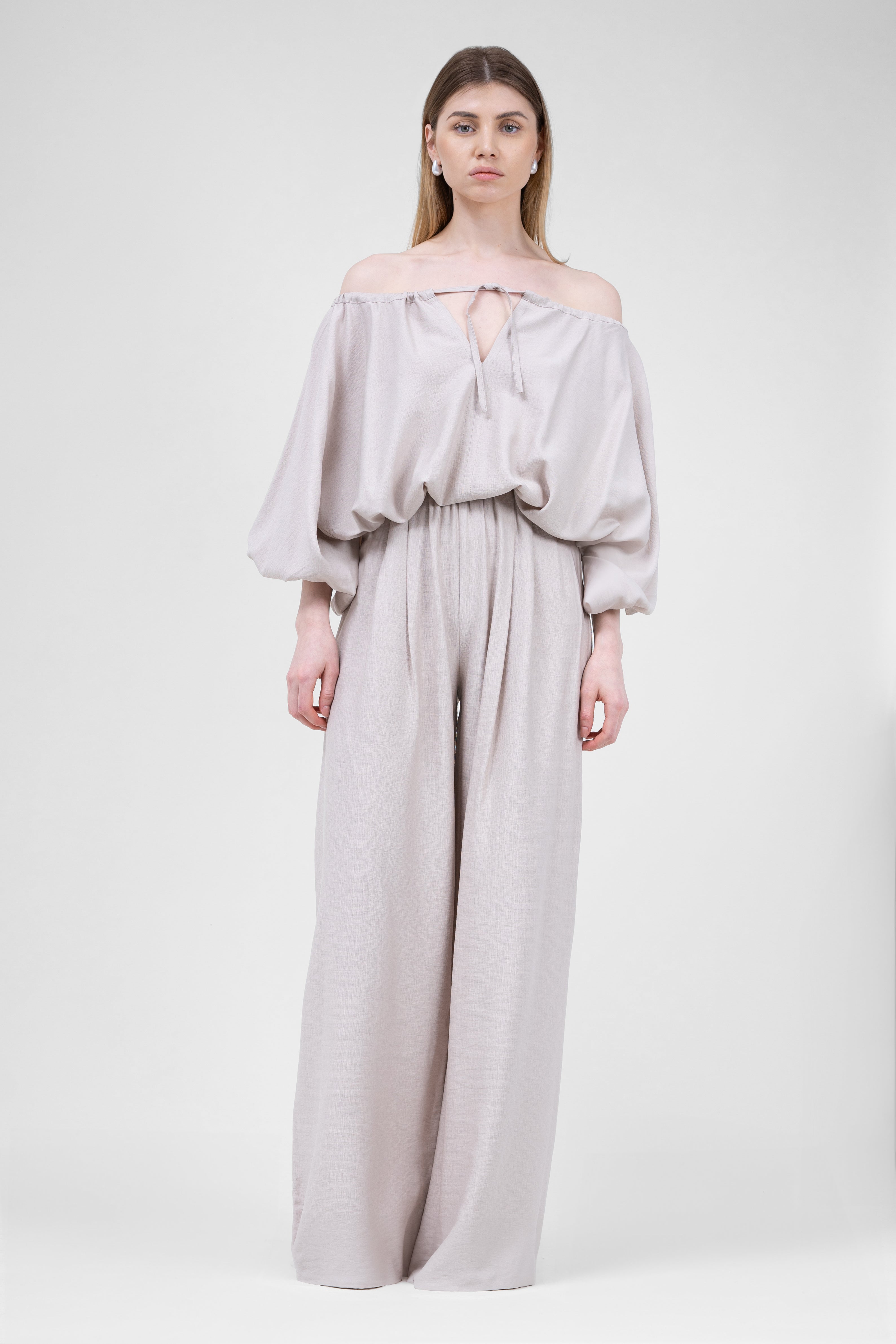 Beige Linen matching set with flowy blouse and wide leg trousers